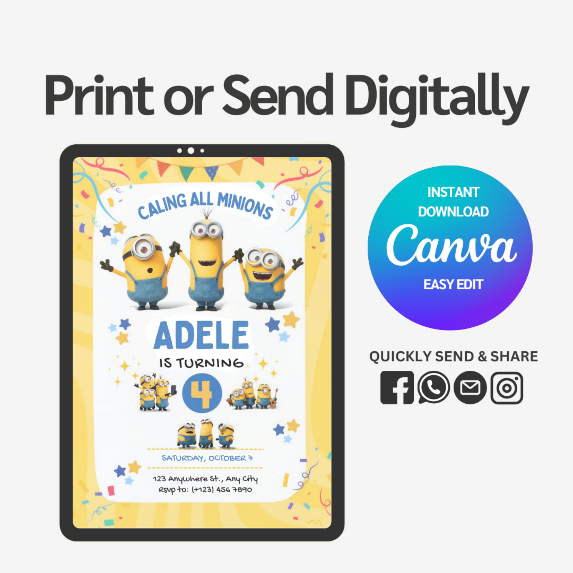 Throw the ultimate Minions-themed celebration with our customizable birthday invitation! Perfect for fans of these lovable yellow characters, this editable template lets you personalize all the party details in minutes. Simply download, edit, and print or share digitally—making party planning as fun as saying "Banana!" Guaranteed to excite guests and set the tone for an unforgettable Minion adventure.