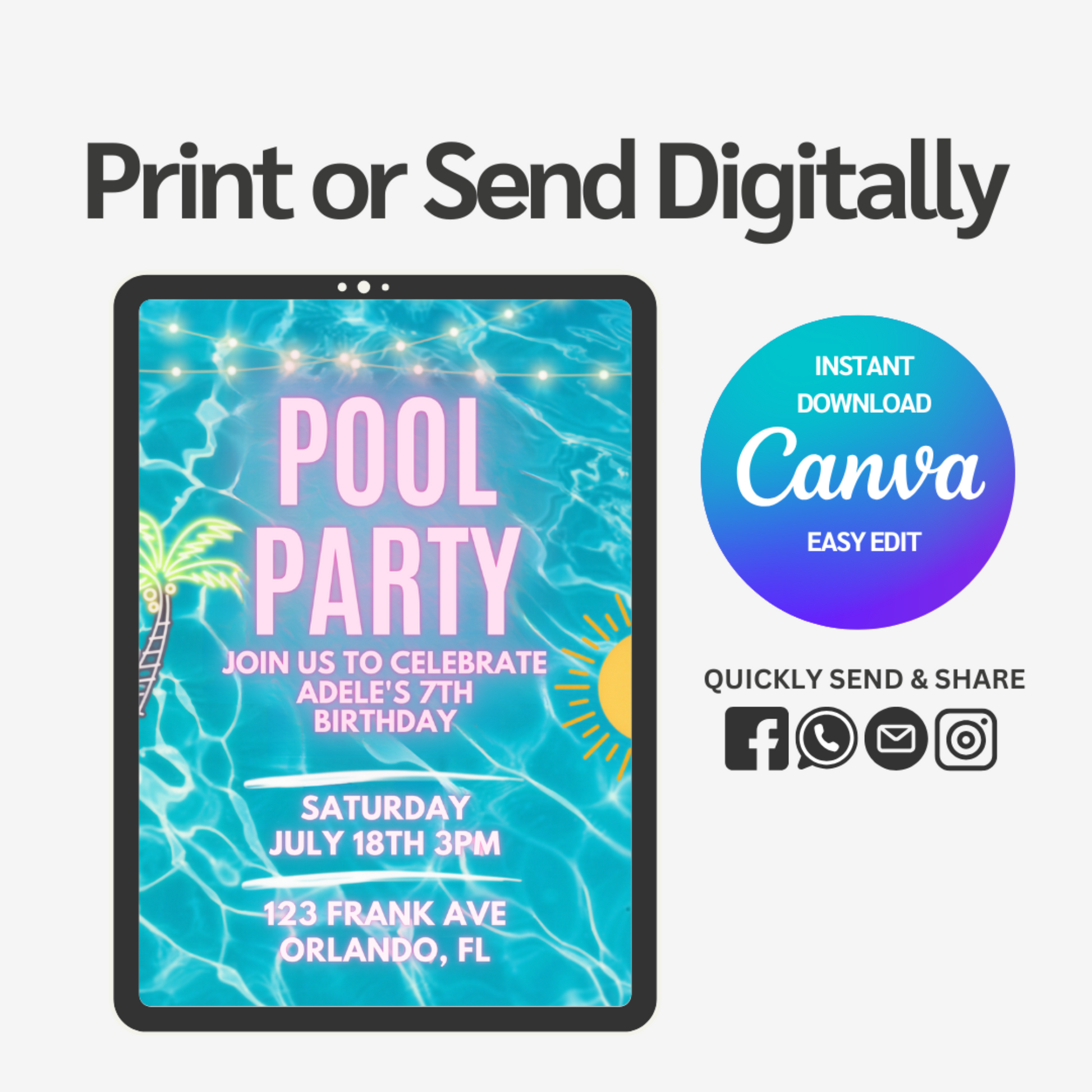 Make a splash with our Pool Party Invitation Template! Perfect for summer celebrations, this eye-catching design lets you easily customize details for your poolside gathering.