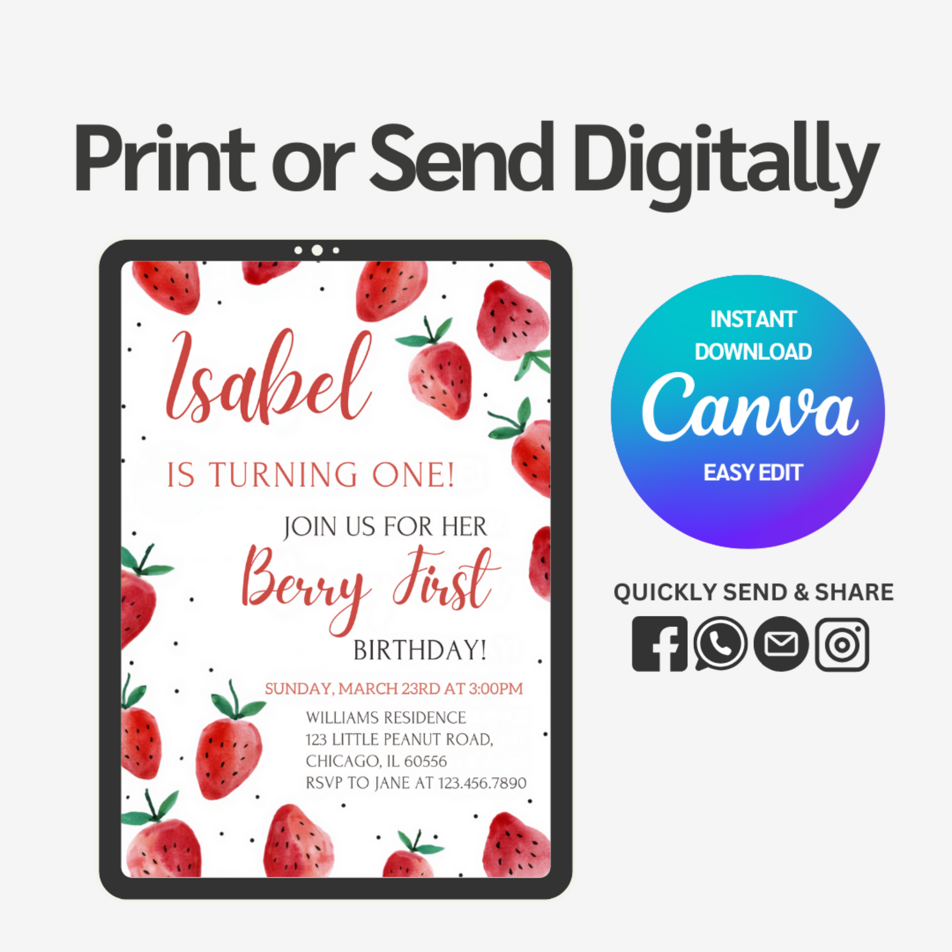 Delight your guests with our charming Strawberry Birthday Invitation Template! Perfect for summer celebrations or berry-themed parties, this eye-catching design sets the tone for a sweet and memorable event.