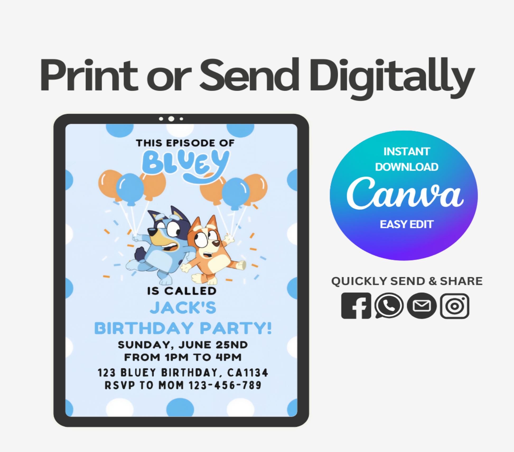 Create unforgettable birthday celebrations with our Bluey Birthday Invitation Template! This eye-catching digital design features the beloved blue heeler pup and friends, perfect for delighting young fans.