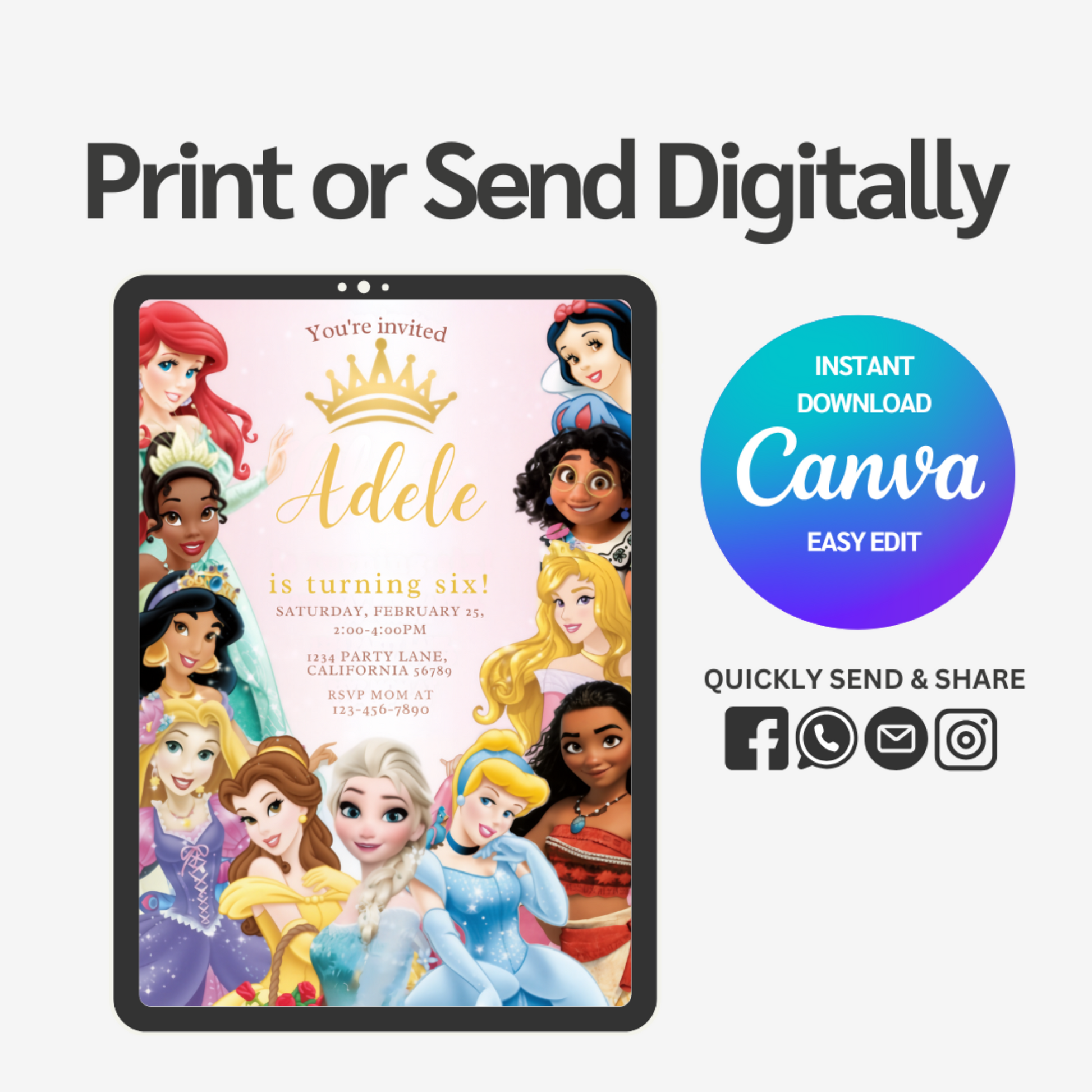 Create magical birthday celebrations with our Princess Birthday Invitation Template. This enchanting design sets the perfect royal tone for your little one's special day. Easily customizable with party details, this template saves you time while impressing guests with its charming princess theme.