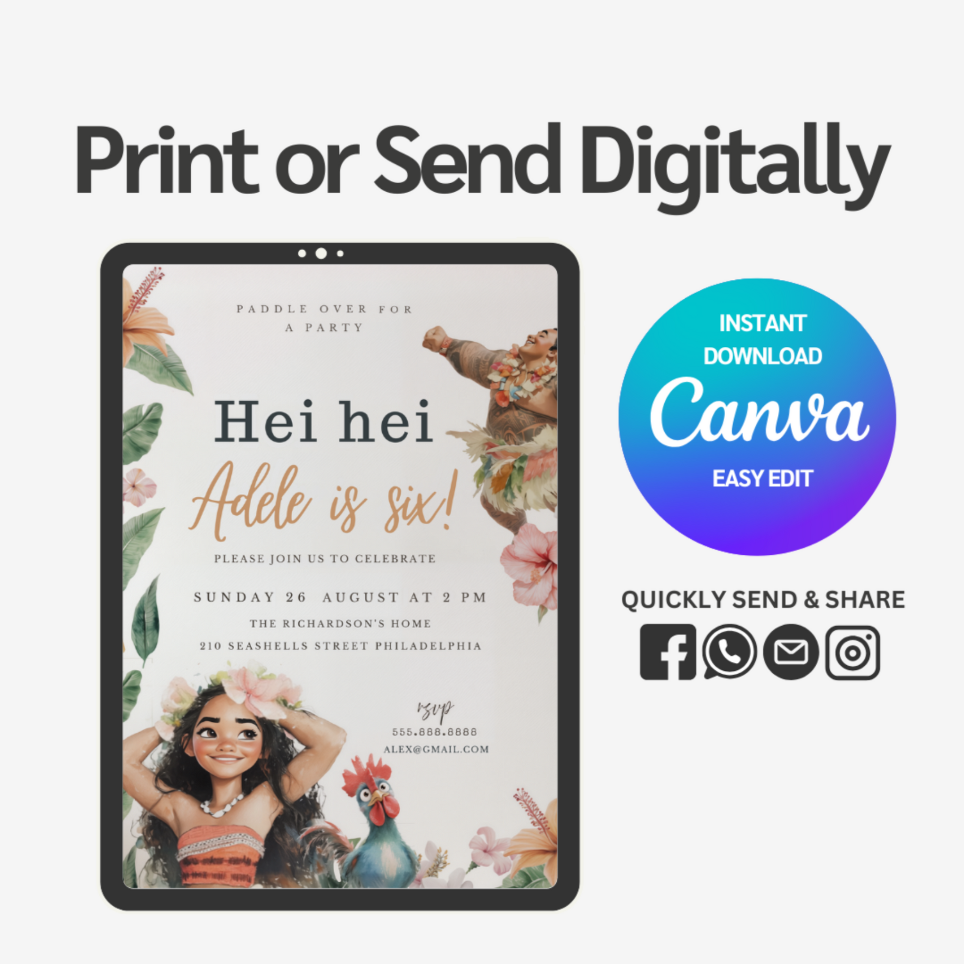 Create unforgettable Moana-themed celebrations with our editable birthday invitation. Customize details to match your child's special day while featuring vibrant tropical designs and beloved characters from the hit Disney film. Perfect for hassle-free party planning that will delight your little adventurer and impress guests.