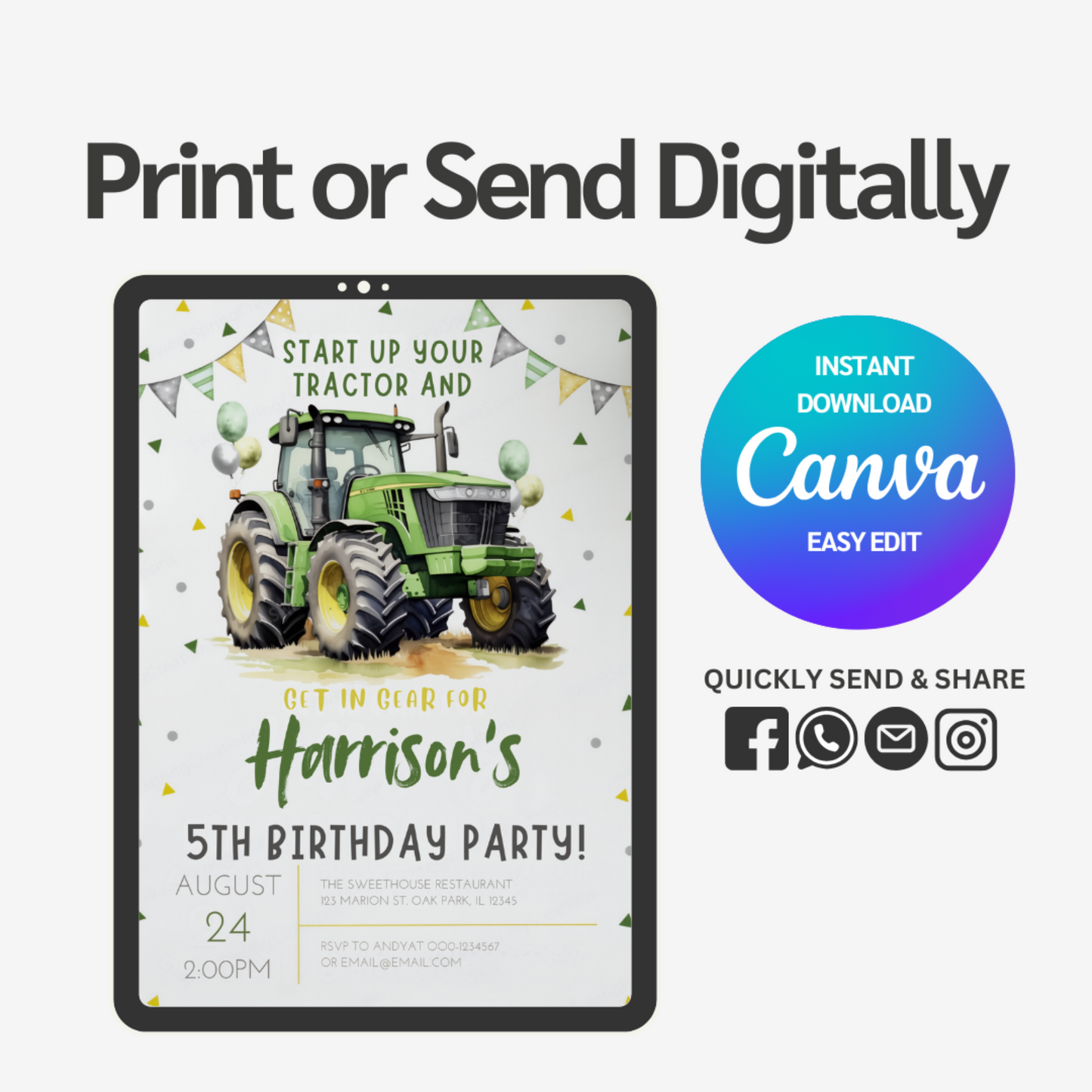 Invite little farmers to the ultimate birthday celebration with our Tractor Birthday Farm Vehicle Invitation Template! Perfect for tractor-loving kids, this eye-catching design features vibrant farm vehicles that will excite guests from the moment they receive it.