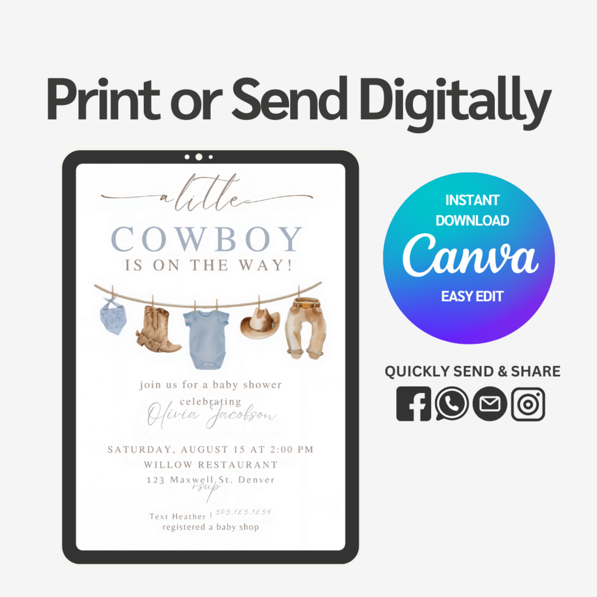 Saddle up for your little buckaroo's arrival with our Cowboy Baby Shower Invitation Template! Perfect for western-themed celebrations, this charming design features rustic elements that will have guests rushing to RSVP. Easily customizable with your event details, these invitations set the perfect tone for a rootin' tootin' good time.