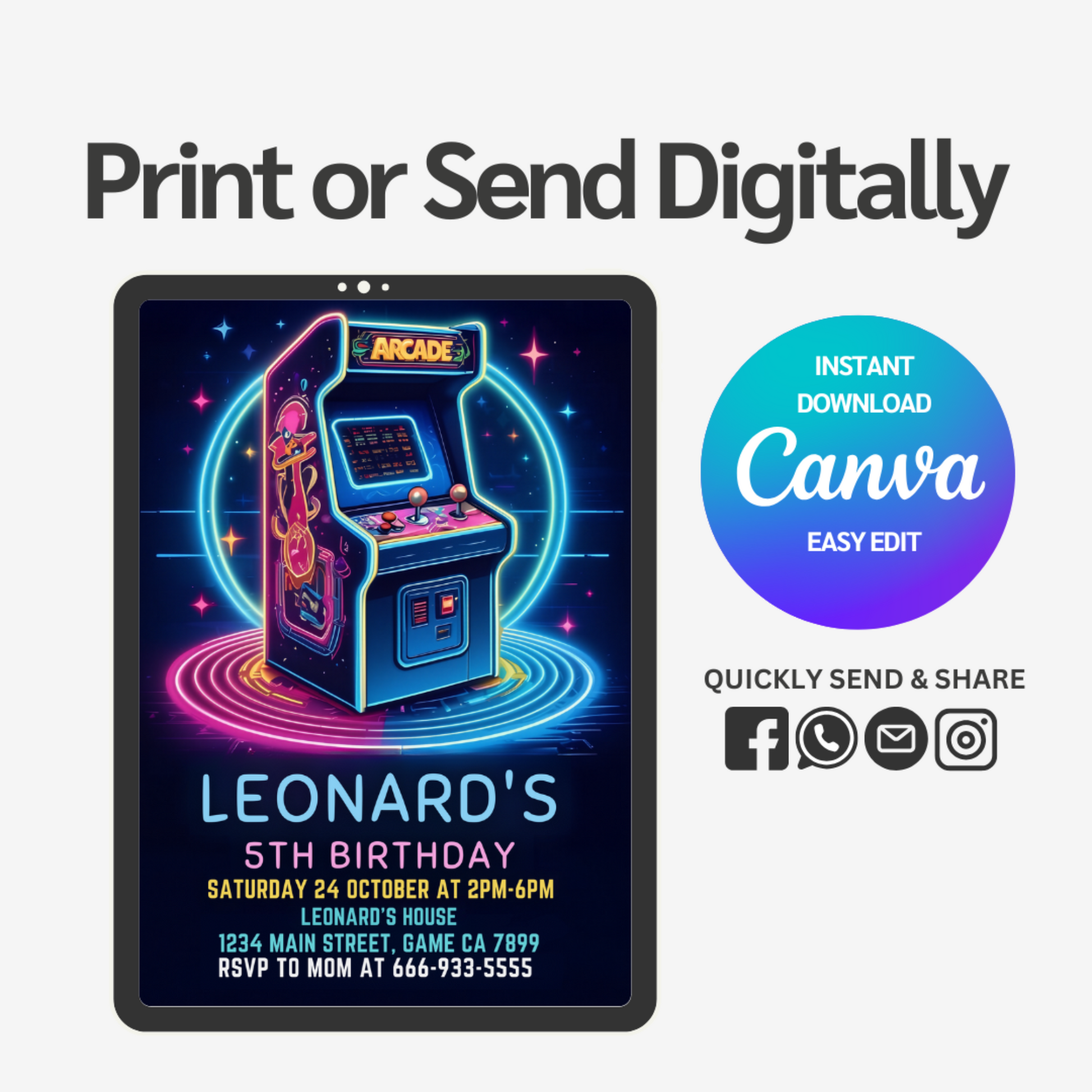 Invite guests to a high-scoring celebration with our Arcade Birthday Invitation Template! Perfect for gamers of all ages, this eye-catching design features vibrant colors and retro gaming graphics that will excite your party guests.