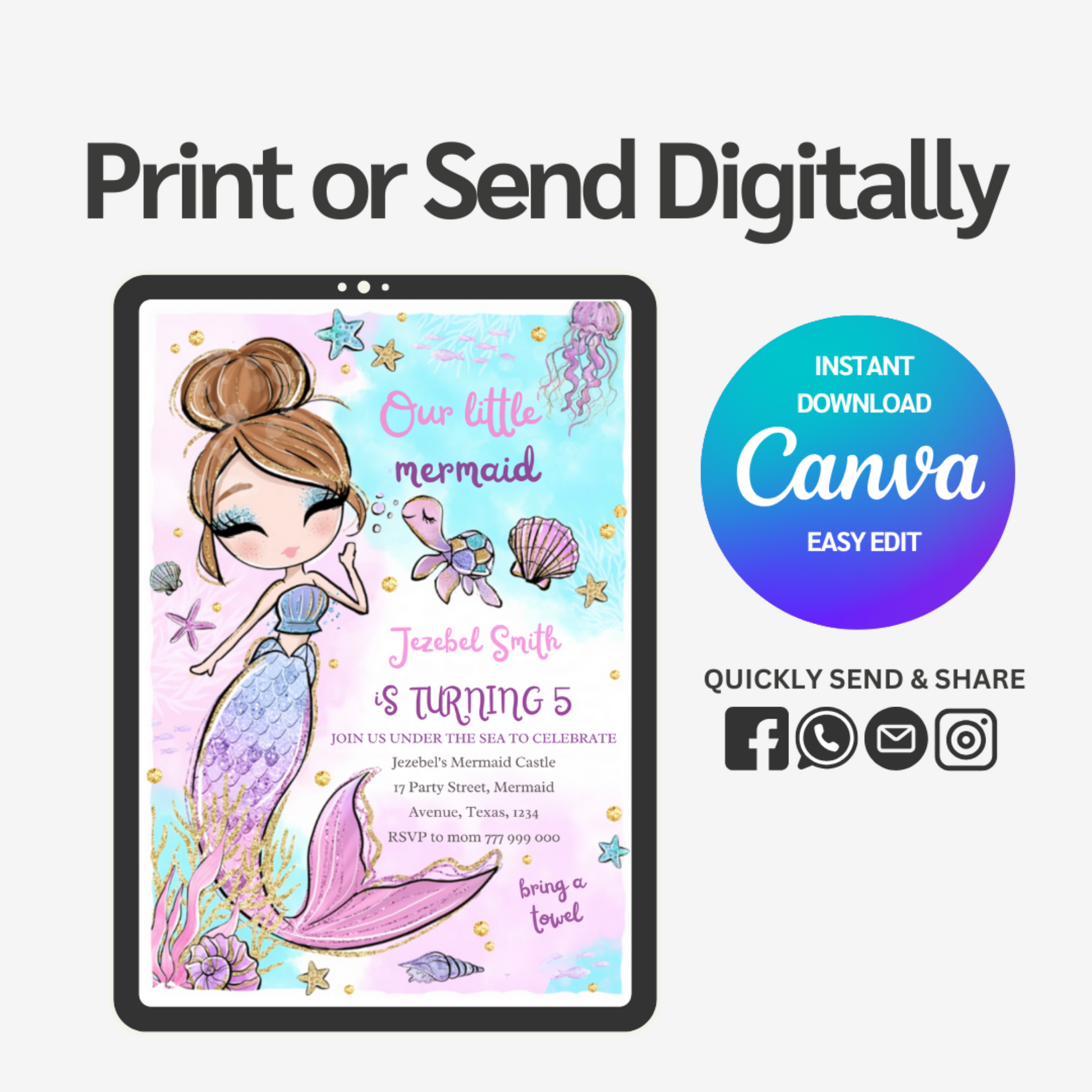 Make a splash with our enchanting Mermaid Birthday Invitation Template! Perfect for underwater-themed celebrations, this eye-catching design features vibrant colors and whimsical mermaid illustrations.