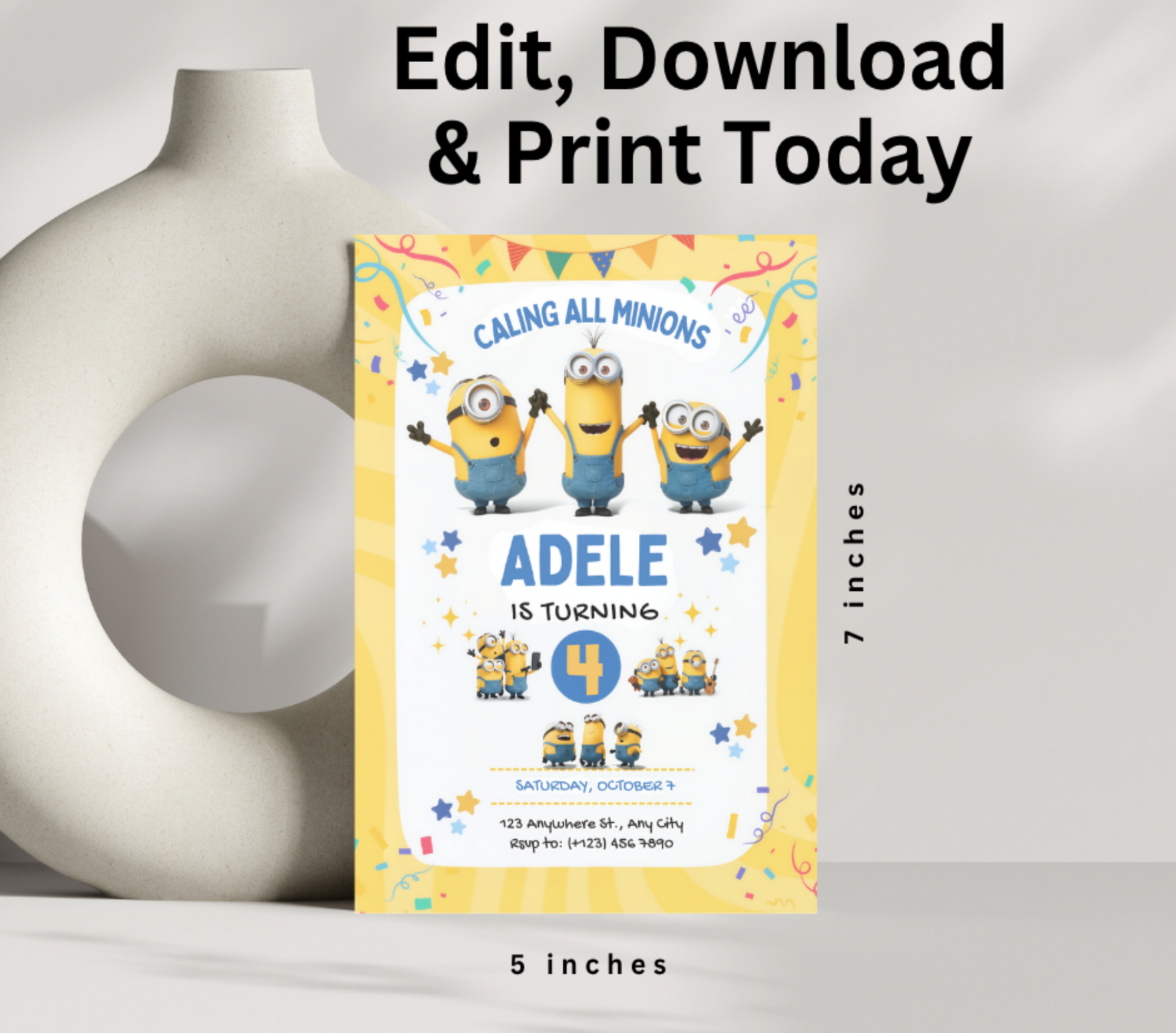 Throw the ultimate Minions-themed celebration with our customizable birthday invitation! Perfect for fans of these lovable yellow characters, this editable template lets you personalize all the party details in minutes. Simply download, edit, and print or share digitally—making party planning as fun as saying "Banana!" Guaranteed to excite guests and set the tone for an unforgettable Minion adventure.