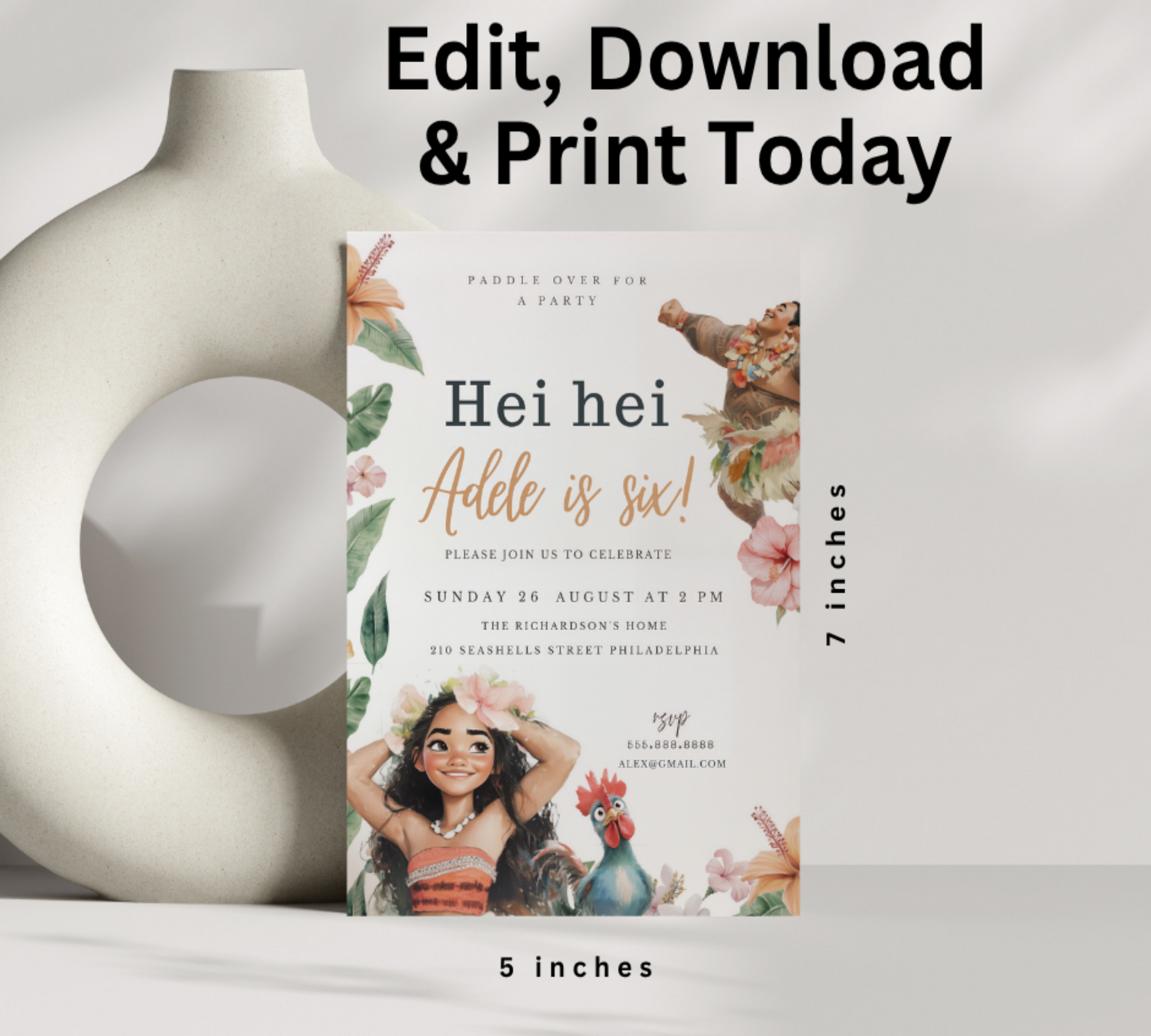 Create unforgettable Moana-themed celebrations with our editable birthday invitation. Customize details to match your child's special day while featuring vibrant tropical designs and beloved characters from the hit Disney film. Perfect for hassle-free party planning that will delight your little adventurer and impress guests.