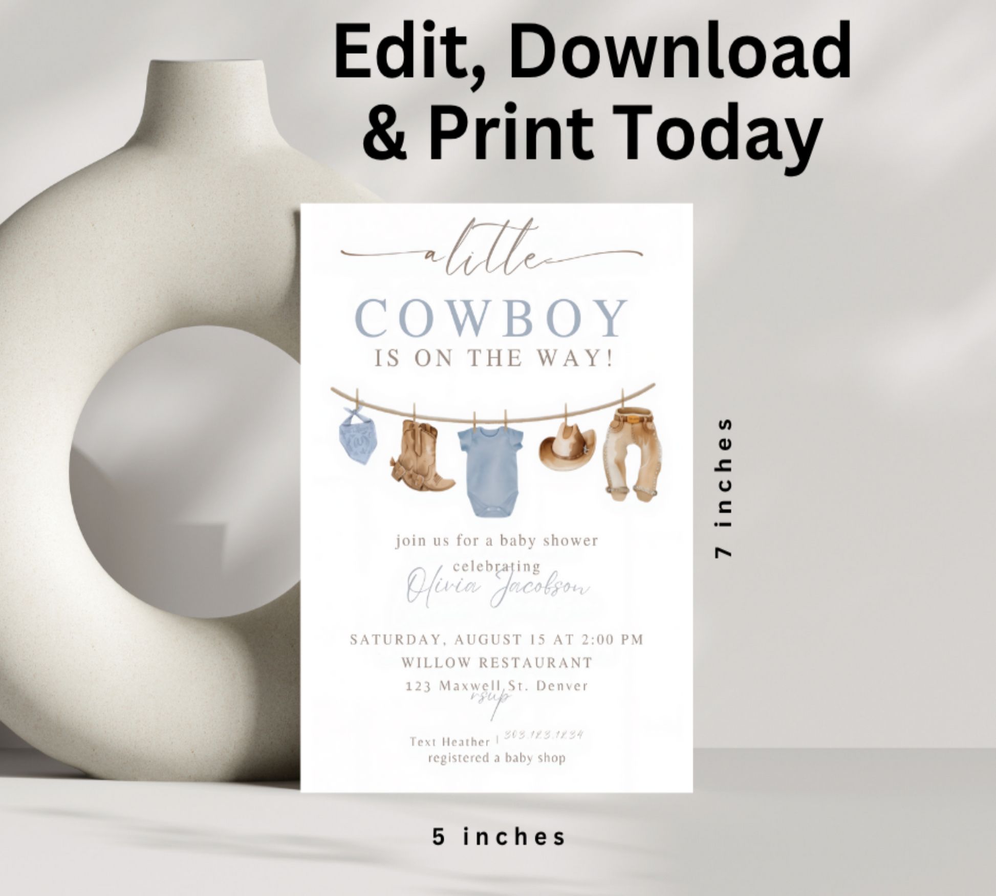 Saddle up for your little buckaroo's arrival with our Cowboy Baby Shower Invitation Template! Perfect for western-themed celebrations, this charming design features rustic elements that will have guests rushing to RSVP. Easily customizable with your event details, these invitations set the perfect tone for a rootin' tootin' good time.