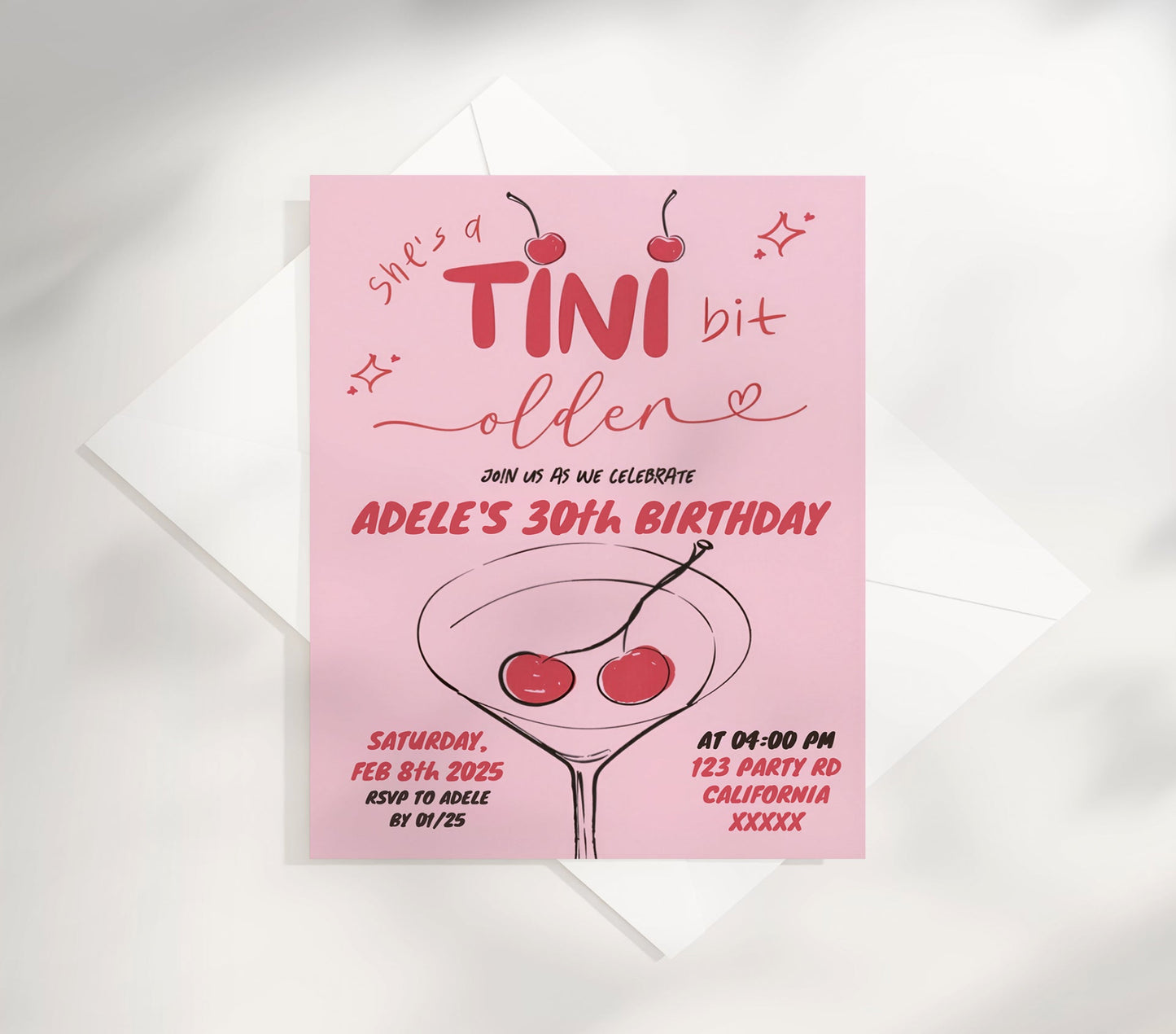 Tini Bit Older Cherry Martini Birthday Editable Invitation