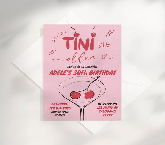 Tini Bit Older Cherry Martini Birthday Editable Invitation