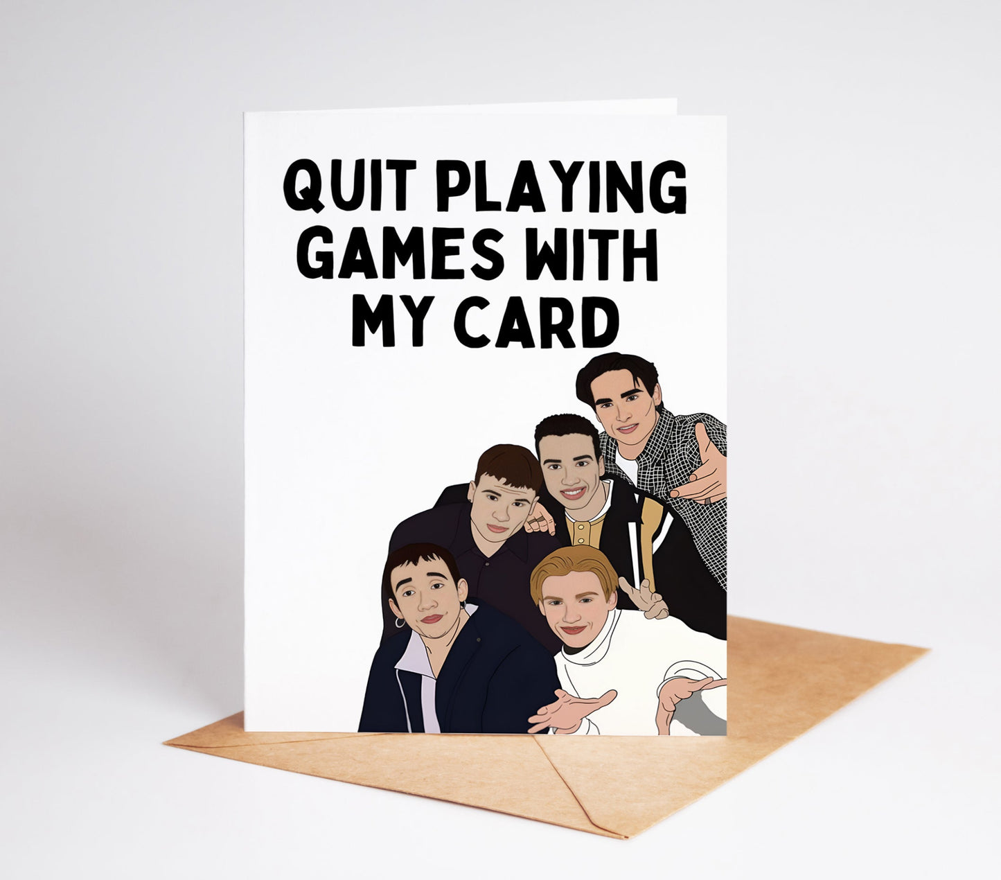 Experience pure nostalgia and send a heartfelt message with the Backstreet Boys Greeting Card. Featuring the iconic boy band, this card will bring joy and happiness to any fan. Show your love and appreciation with this unique greeting card.