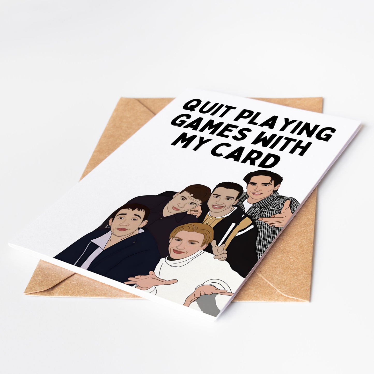 Experience pure nostalgia and send a heartfelt message with the Backstreet Boys Greeting Card. Featuring the iconic boy band, this card will bring joy and happiness to any fan. Show your love and appreciation with this unique greeting card.