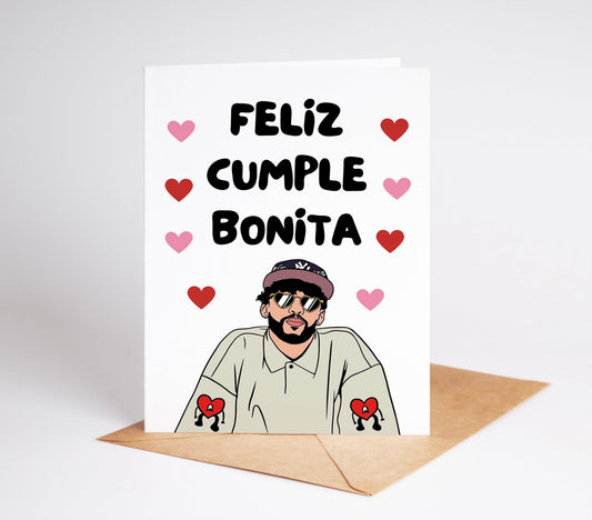 Express your love in a unique way with our Bad Bunny Love Card. Featuring a cute illustration of Bad Bunny and the phrase "Feliz Cumple Bonita," this card is the perfect way to show your loved one how much they mean to you.