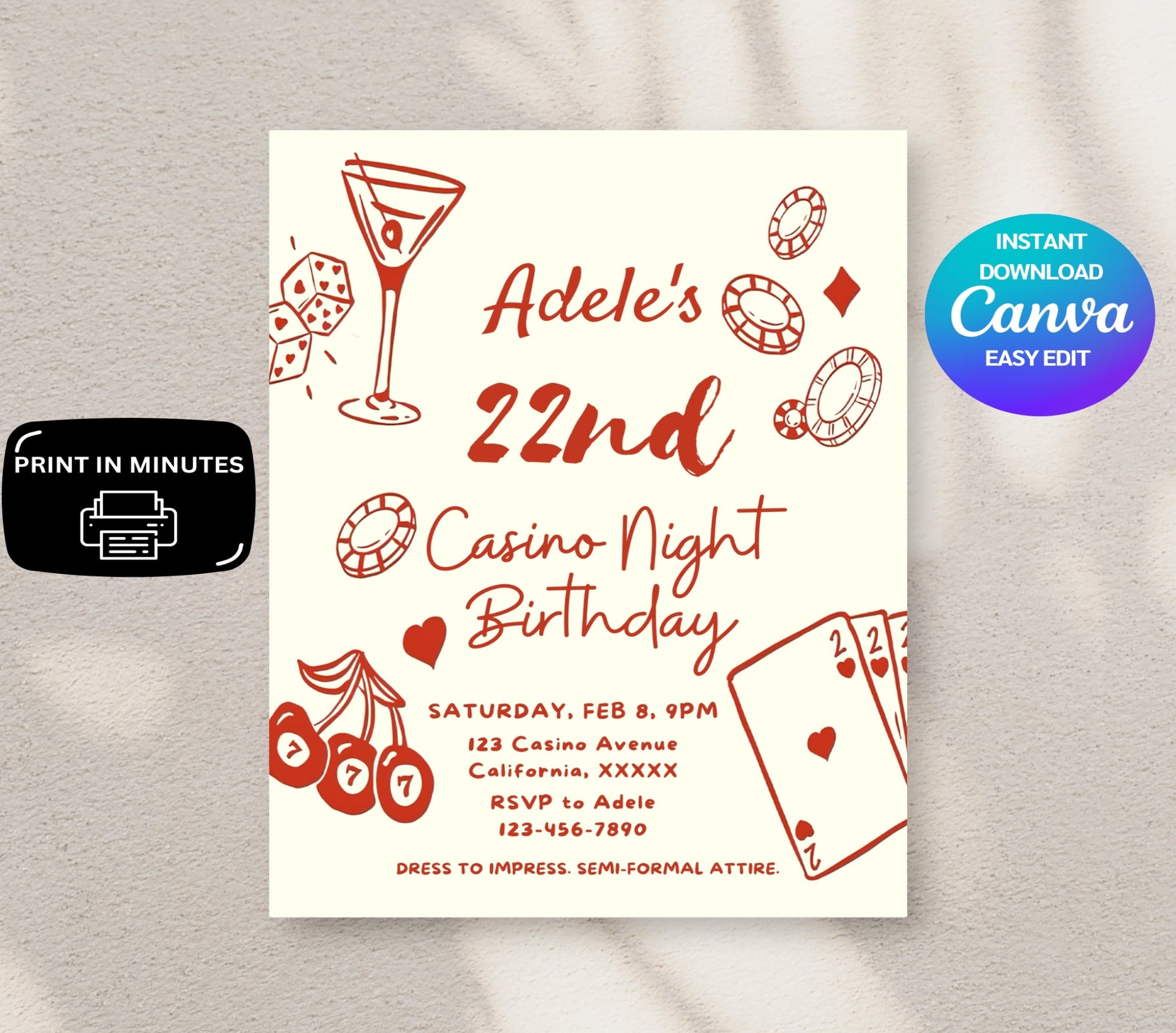 Casino Birthday Invitation featuring a fun casino theme perfect for a Vegas party celebration with poker slots and roulette elements designed for gambling enthusiasts this editable birthday invitation captures the excitement of a high-stakes night ideal for anyone who loves the thrill of the casino customizable and easy to personalize for a unique and stylish invitation that sets the stage for an unforgettable casino-themed birthday party with a bold and vibrant design