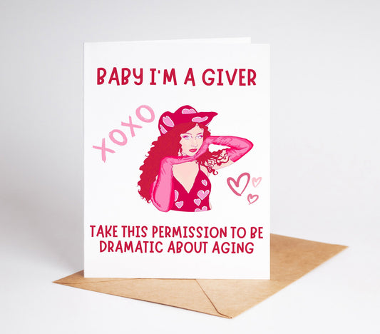 Baby I'm a Giver" Chappell-inspired birthday card for Pink Pony Club fans! This pop culture birthday card is perfect for music lovers and stylish pink girls who adore Chappell’s iconic aesthetic. Featuring a trendy and fun design, this printable card makes a unique and memorable gift. Ideal for friends, sisters, or anyone who loves bold, artistic birthday cards with a pop singer vibe. Instantly download and print for a last-minute yet thoughtful celebration