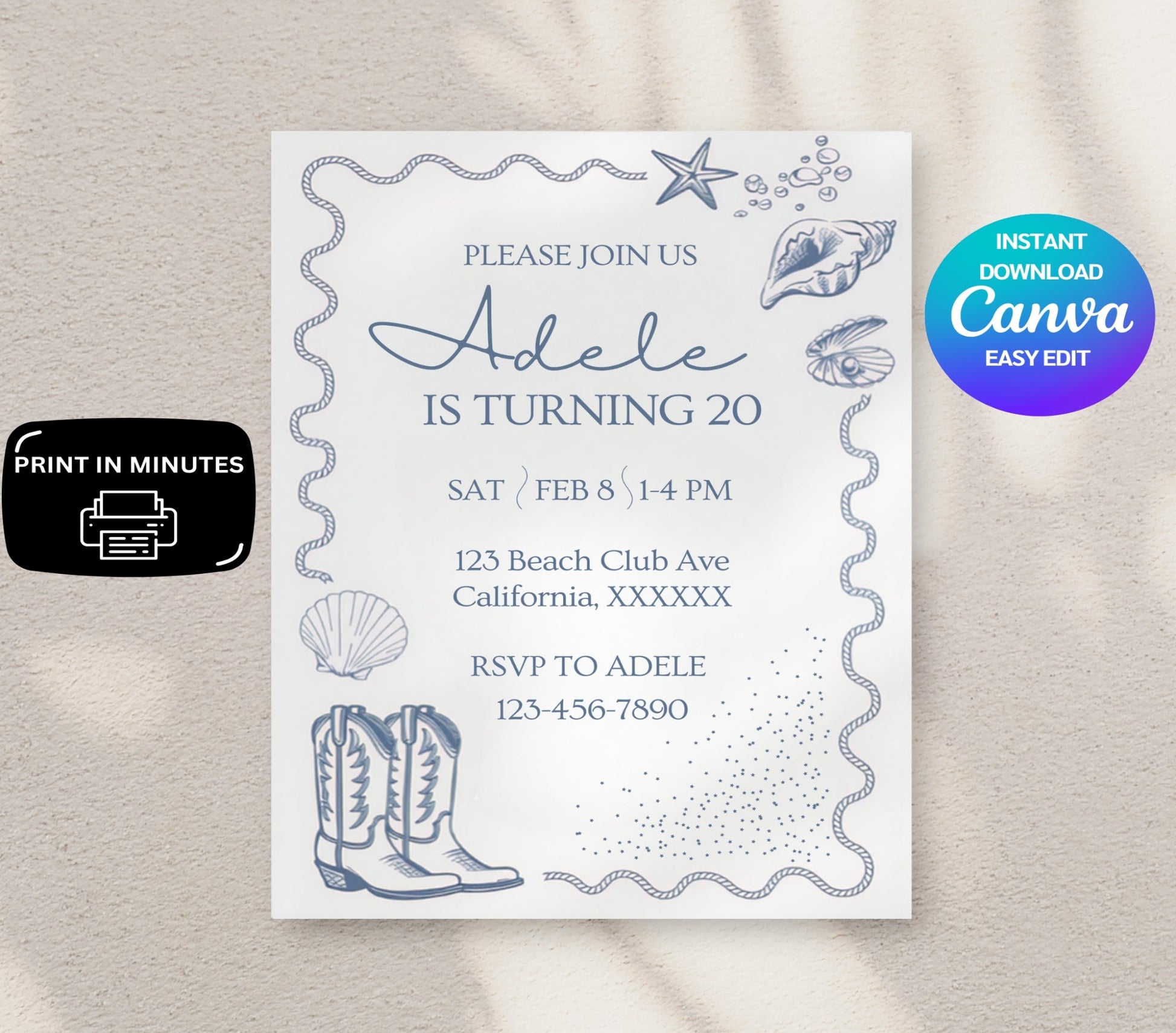 Coastal Cowgirl Birthday Invitation featuring a trendy blue cowgirl theme with a beach club and beach cabana aesthetic perfect for a stylish coastal vibe ideal for a fun and modern cowgirl birthday celebration with a unique blend of western and beachy elements this invite template is designed for those who love the ocean and the cowgirl lifestyle with soft blue tones and chic design elements creating a stylish and trendy invitation for any coastal-inspired birthday event