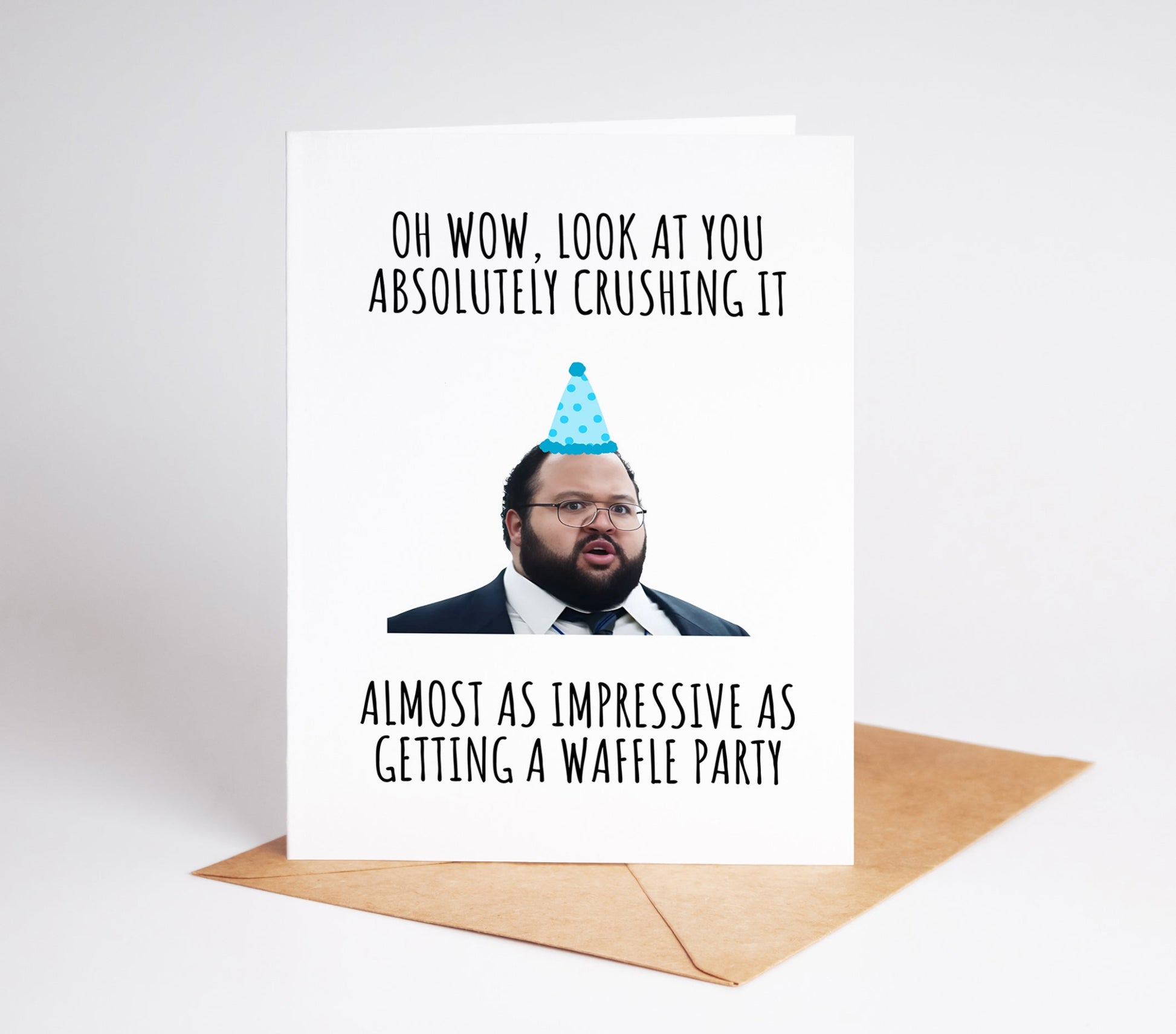 A funny and unique Severance Dylan G congrats card perfect for fans of the Severance show and Lumon Industries ideal for celebrating achievements with a touch of waffle party humor great for coworkers friends or anyone who loves the series adds a playful and witty reference to Kier Eagan and the world of Severance a memorable and creative way to say well done printable for easy access a fun digital download for Severance enthusiasts