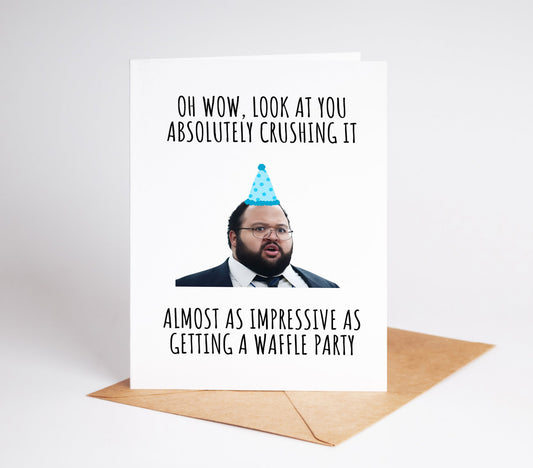 A funny and unique Severance Dylan G congrats card perfect for fans of the Severance show and Lumon Industries ideal for celebrating achievements with a touch of waffle party humor great for coworkers friends or anyone who loves the series adds a playful and witty reference to Kier Eagan and the world of Severance a memorable and creative way to say well done printable for easy access a fun digital download for Severance enthusiasts