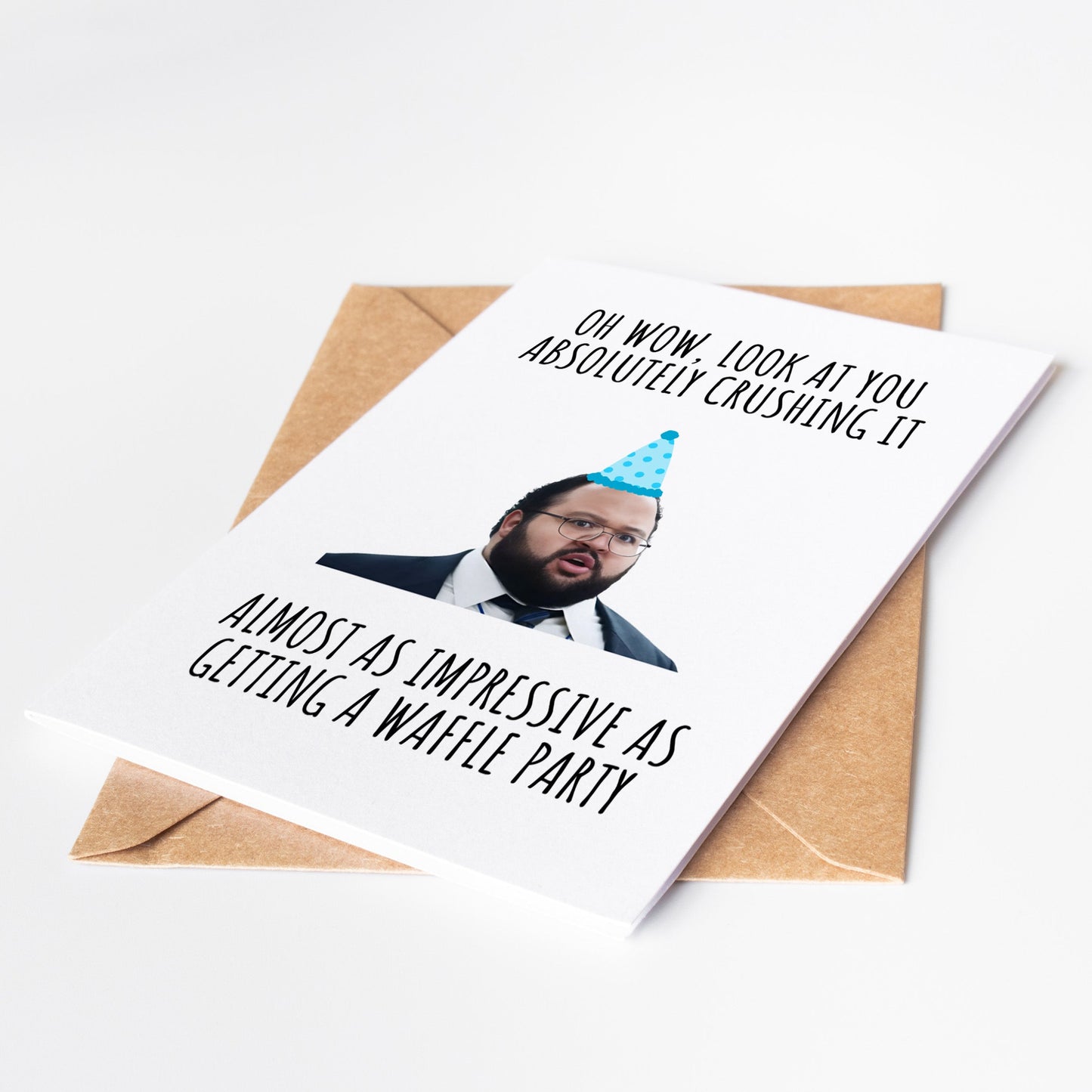 A funny and unique Severance Dylan G congrats card perfect for fans of the Severance show and Lumon Industries ideal for celebrating achievements with a touch of waffle party humor great for coworkers friends or anyone who loves the series adds a playful and witty reference to Kier Eagan and the world of Severance a memorable and creative way to say well done printable for easy access a fun digital download for Severance enthusiasts