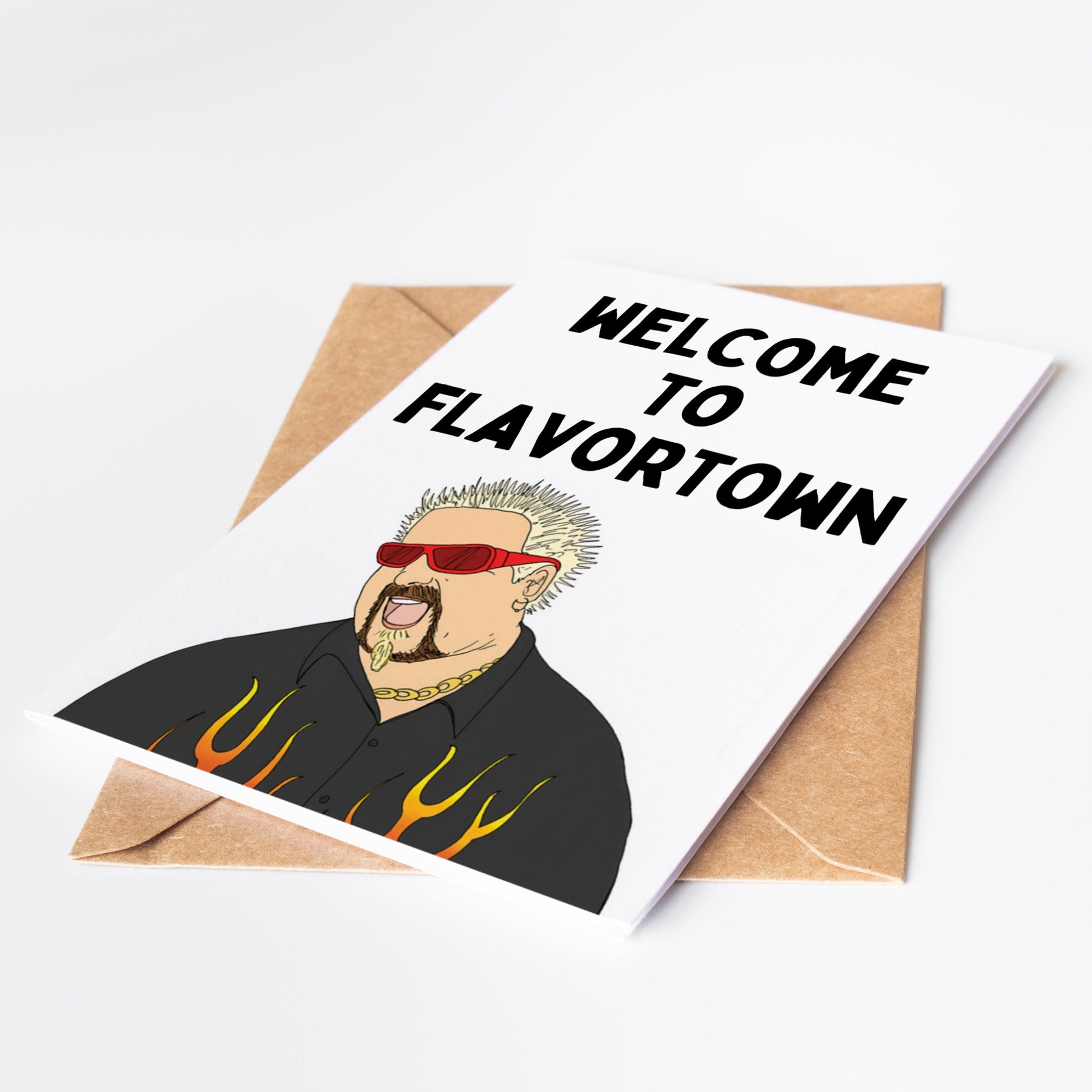 Take your celebrations to Flavortown with this eye-catching Guy Fieri greeting card! Perfect for food enthusiasts and fans of the spiky-haired culinary icon, this card delivers big personality and bold style.