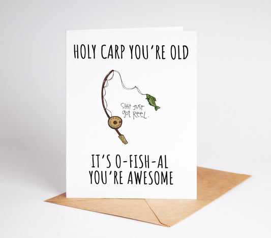 Funny Fishing Birthday Card featuring a humorous design perfect for a husband dad or any fishing enthusiast this card is ideal for fishing lovers who enjoy fly fishing waders fishing poles and all things related to the sport great for birthdays or special occasions for those who appreciate a good laugh and outdoor adventure perfect for adding fun to a fishing-themed celebration this card is a playful and thoughtful gift for anyone who enjoys time on the water