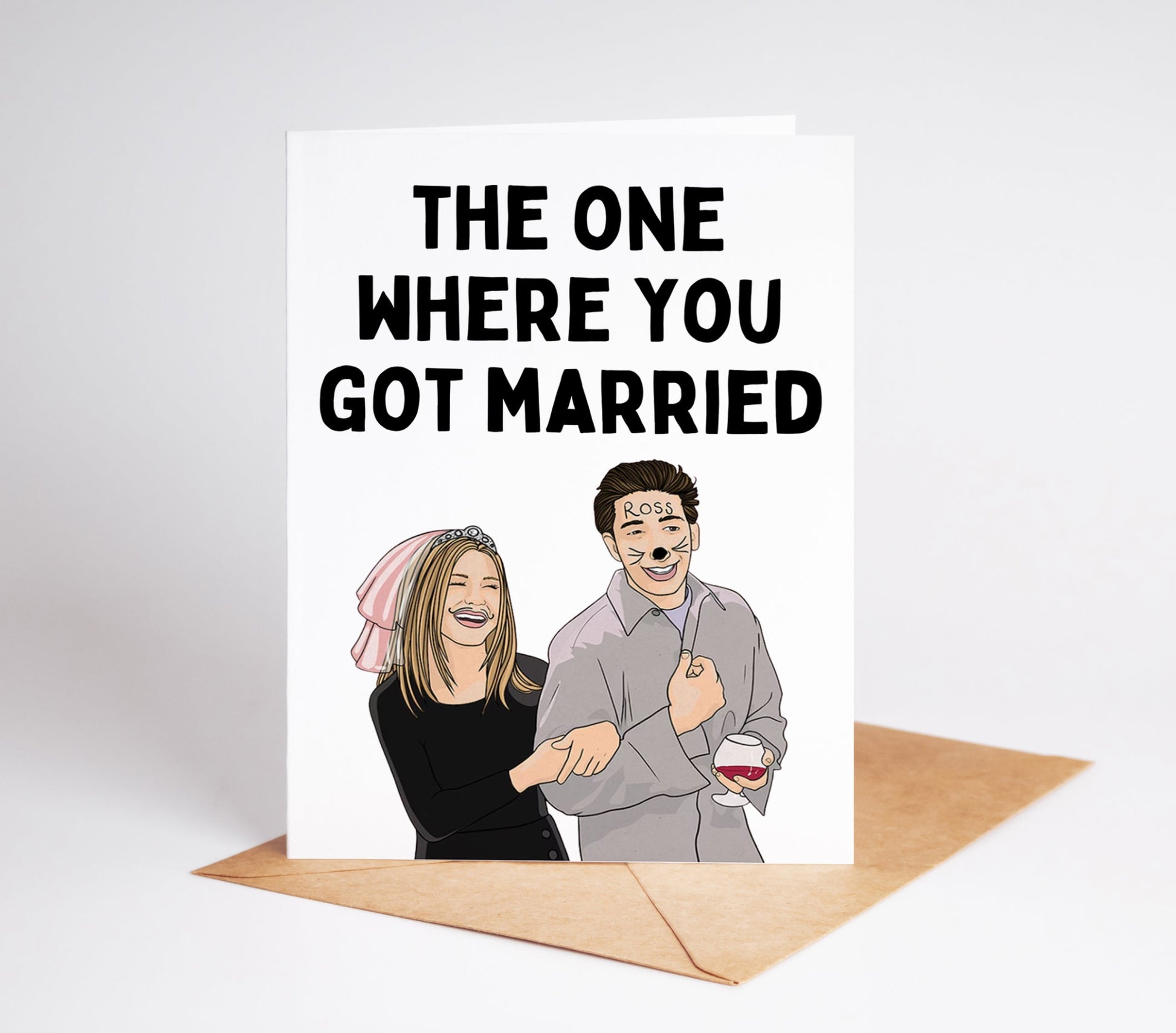 Celebrate love with this Friends-themed wedding card featuring Rachel and Ross declaring "the one where you get married." Perfect for fans of the hit TV show and couples tying the knot. Spread the love and laughter with this charming card.