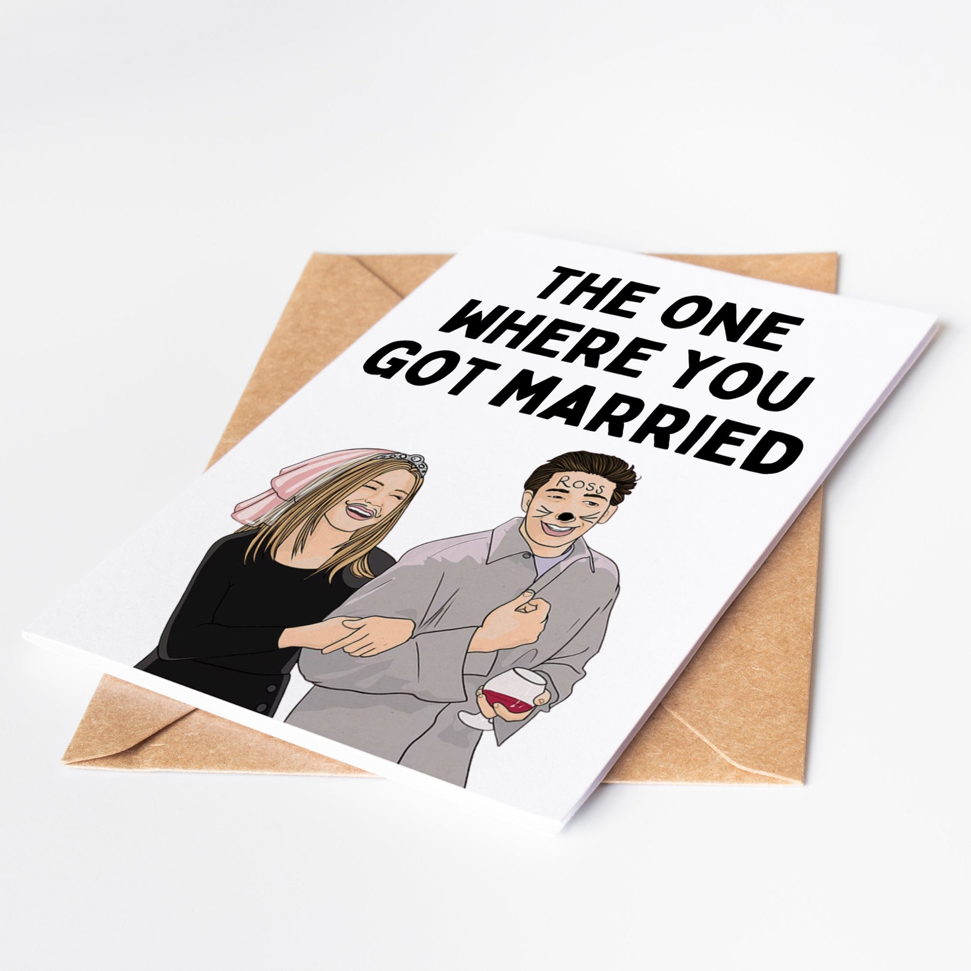 Celebrate love with this Friends-themed wedding card featuring Rachel and Ross declaring "the one where you get married." Perfect for fans of the hit TV show and couples tying the knot. Spread the love and laughter with this charming card.