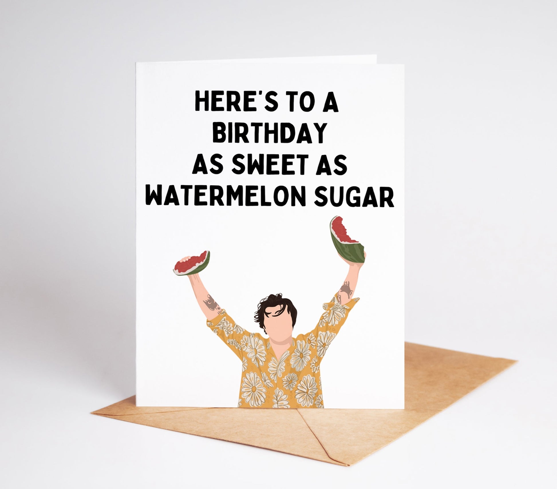 Celebrate in style with the Watermelon Sugar Harry Styles Birthday Card! This vibrant, fun card features a playful watermelon design and a catchy phrase inspired by Harry Styles' hit song Watermelon Sugar.