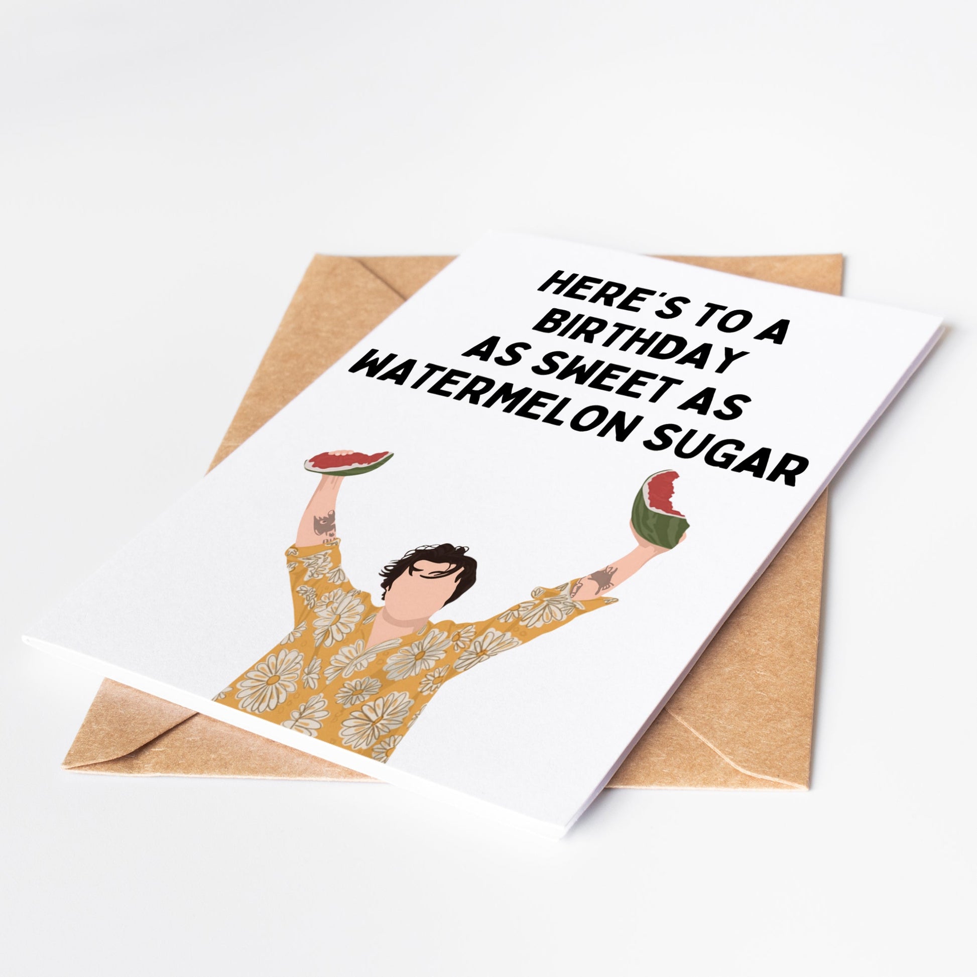 Celebrate in style with the Watermelon Sugar Harry Styles Birthday Card! This vibrant, fun card features a playful watermelon design and a catchy phrase inspired by Harry Styles' hit song Watermelon Sugar.