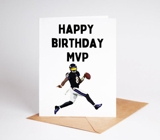 Celebrate your favorite quarterback's big day with our Lamar Jackson Birthday Card! Featuring a beautiful design and high-quality printing, this card is a perfect way to show your appreciation for one of the best NFL MVPs.