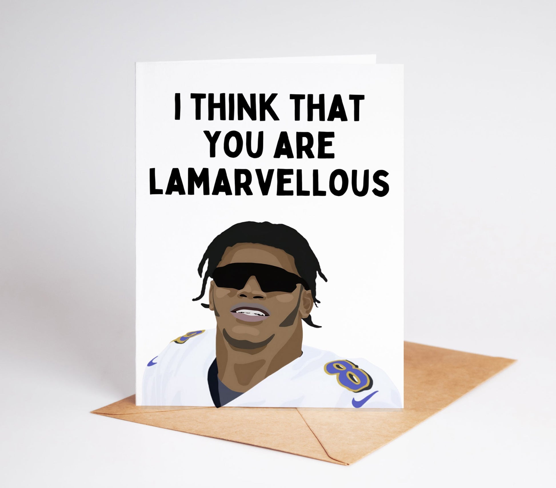 Celebrate your favorite football fan with this exclusive Lamar Jackson greeting card. Perfect for birthdays, game days, or just to show your Ravens pride.