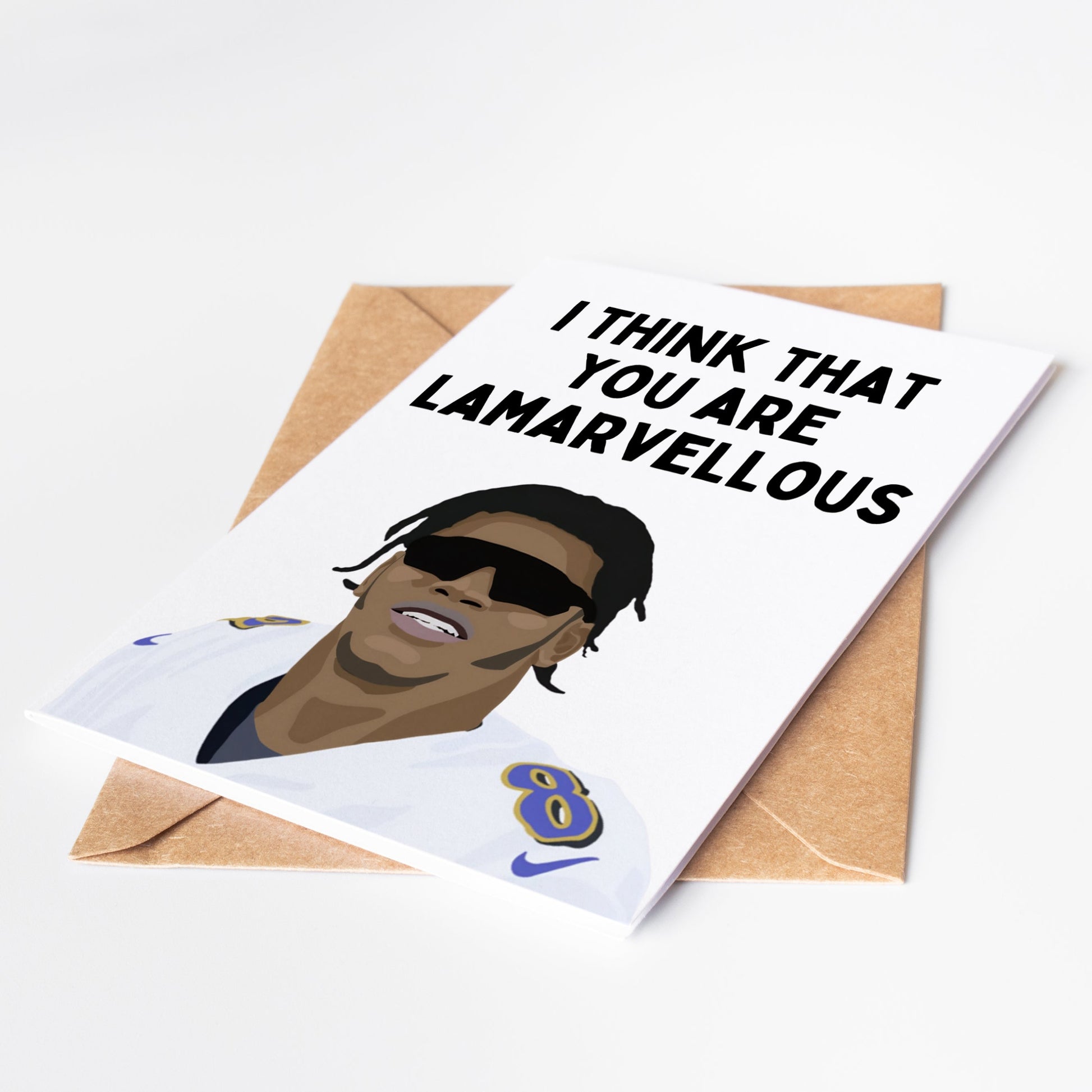 Celebrate your favorite football fan with this exclusive Lamar Jackson greeting card. Perfect for birthdays, game days, or just to show your Ravens pride.