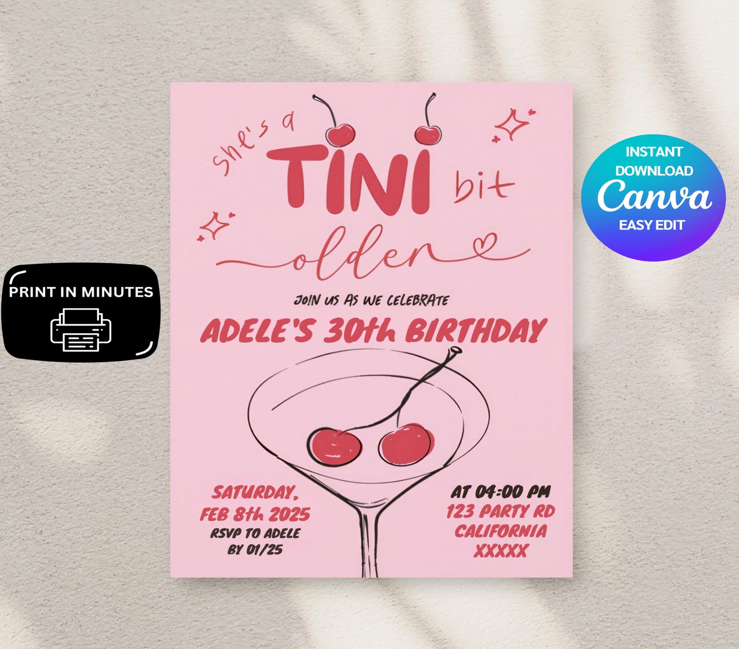 Cherry Martini Birthday Invite featuring a dark cherry red aesthetic with a fun cherry on top theme perfect for a girly birthday celebration designed with pink cherry accents ideal for anyone who loves fruity cocktails and vibrant designs this printable invitation sets the tone for a stylish and playful party customizable for a unique and personalized touch great for creating excitement for a chic and memorable birthday event with a fresh and fun cherry-inspired design with cherry on top
