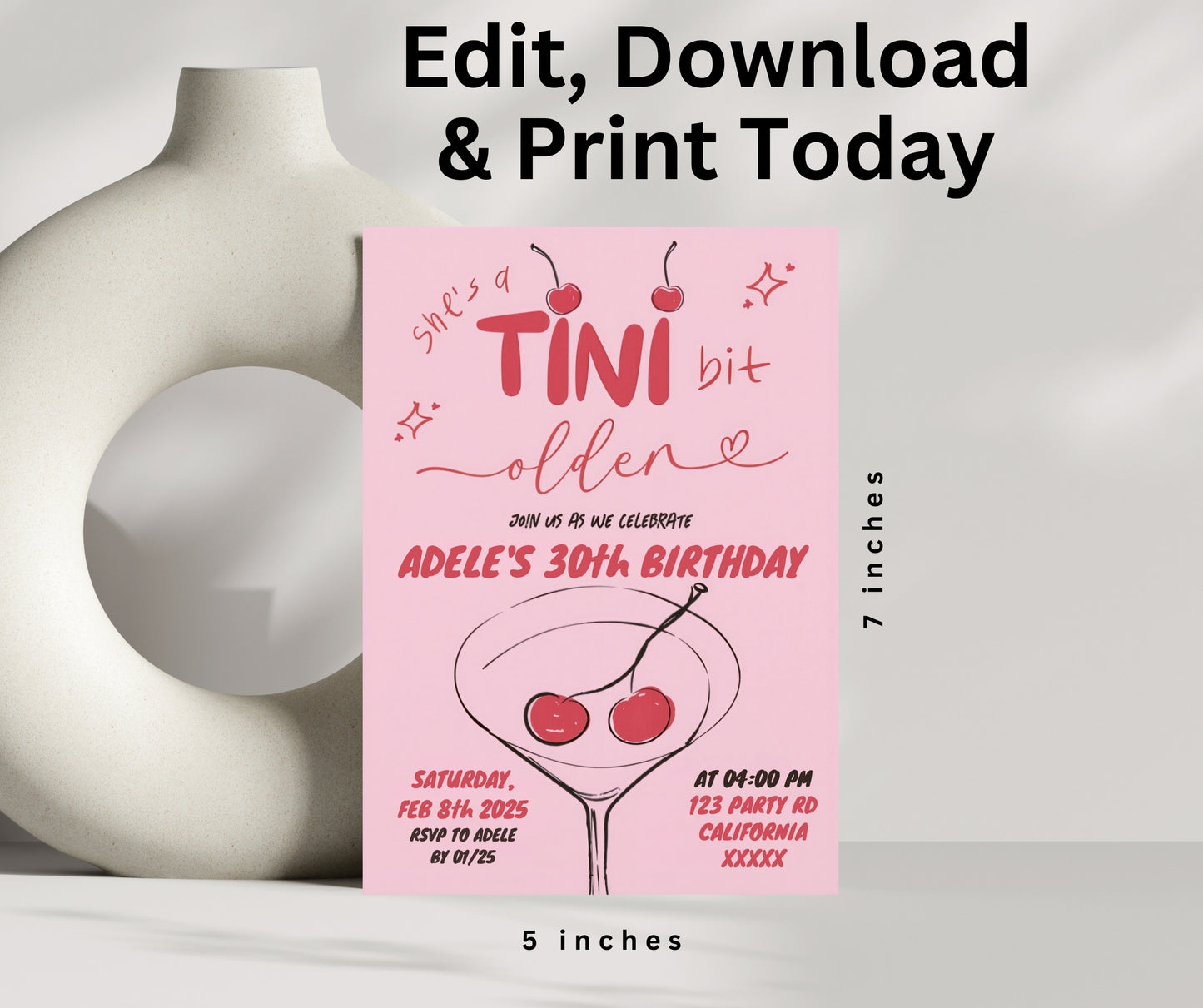 Cherry Martini Birthday Invite featuring a dark cherry red aesthetic with a fun cherry on top theme perfect for a girly birthday celebration designed with pink cherry accents ideal for anyone who loves fruity cocktails and vibrant designs this printable invitation sets the tone for a stylish and playful party customizable for a unique and personalized touch great for creating excitement for a chic and memorable birthday event with a fresh and fun cherry-inspired design with cherry on top