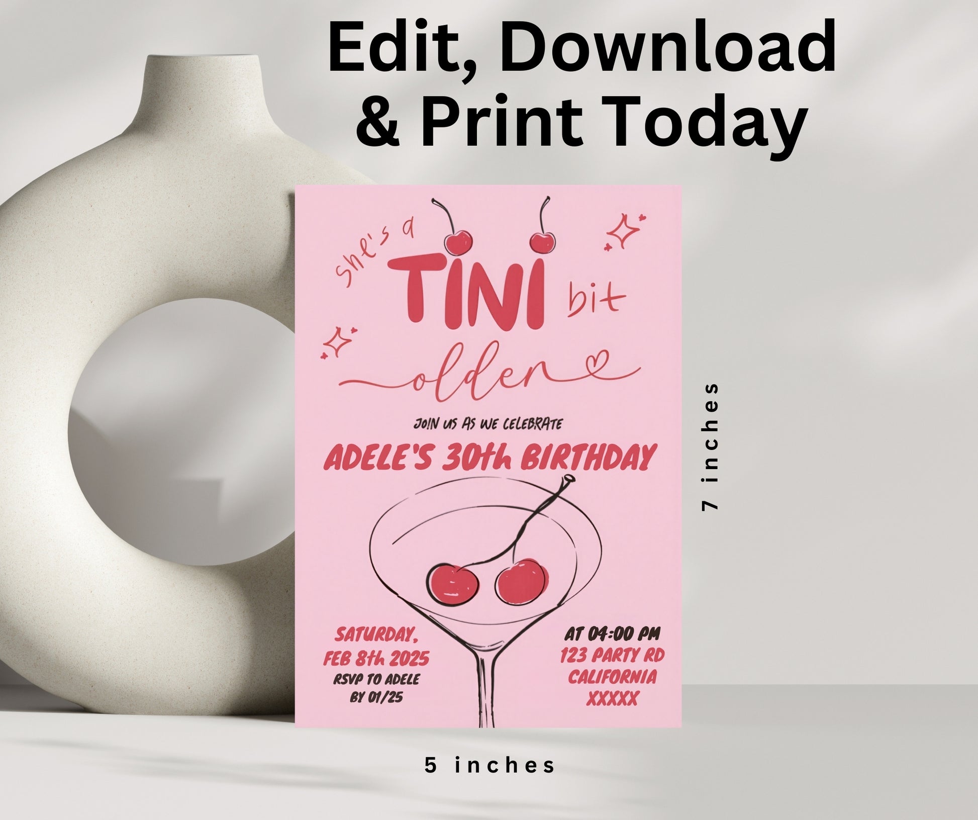 Cherry Martini Birthday Invite featuring a dark cherry red aesthetic with a fun cherry on top theme perfect for a girly birthday celebration designed with pink cherry accents ideal for anyone who loves fruity cocktails and vibrant designs this printable invitation sets the tone for a stylish and playful party customizable for a unique and personalized touch great for creating excitement for a chic and memorable birthday event with a fresh and fun cherry-inspired design with cherry on top