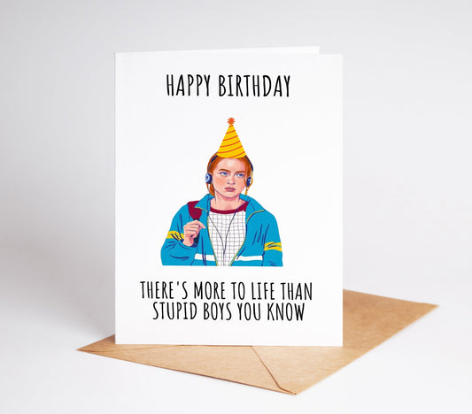 Celebrate the ultimate tv fan with our Max Mayfield Birthday Card. Featuring Max's iconic look with a retro-inspired twist, this card is the perfect way to wish them a happy birthday. A must-have for any Stranger fan, this card is sure to bring a smile to their face.