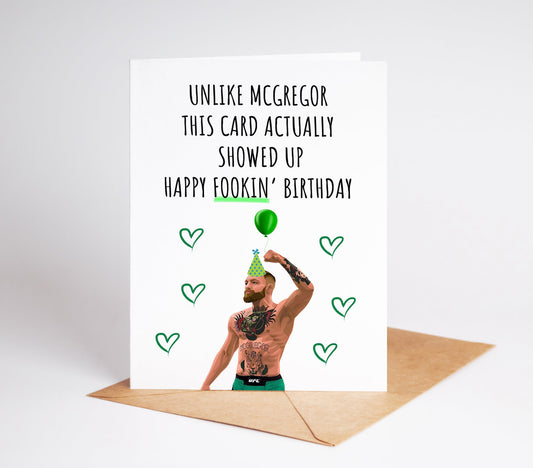 Surprise your favorite MMA fan with our Conor McGregor Birthday Card! Celebrate their special day in style with this card featuring the legendary UFC champion. Perfect for any birthday, this card adds a touch of excitement and fierceness to any celebration.