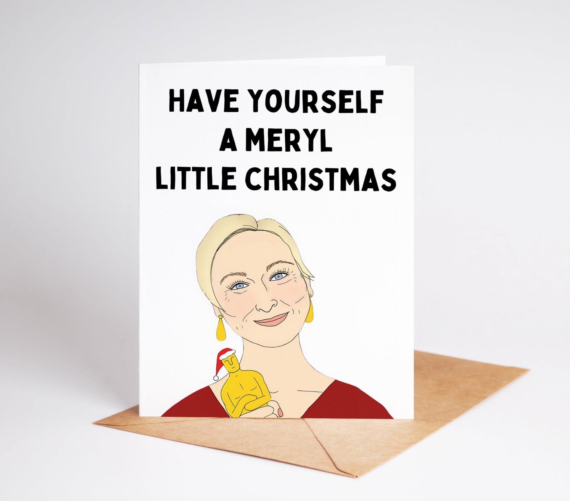 Celebrate the holidays with our exclusive Meryl Streep Christmas Card! This unique greeting card features the iconic actress in festive splendor, perfect for film enthusiasts and Streep fans alike.