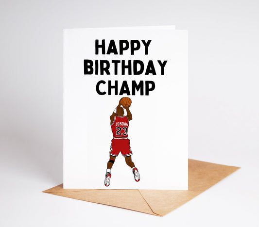 Celebrate like a champ with this Michael Jordan birthday card! Featuring the iconic basketball legend and a festive message, this card is perfect for sending to any MJ fan. Show your appreciation for their passion with this winning birthday card.