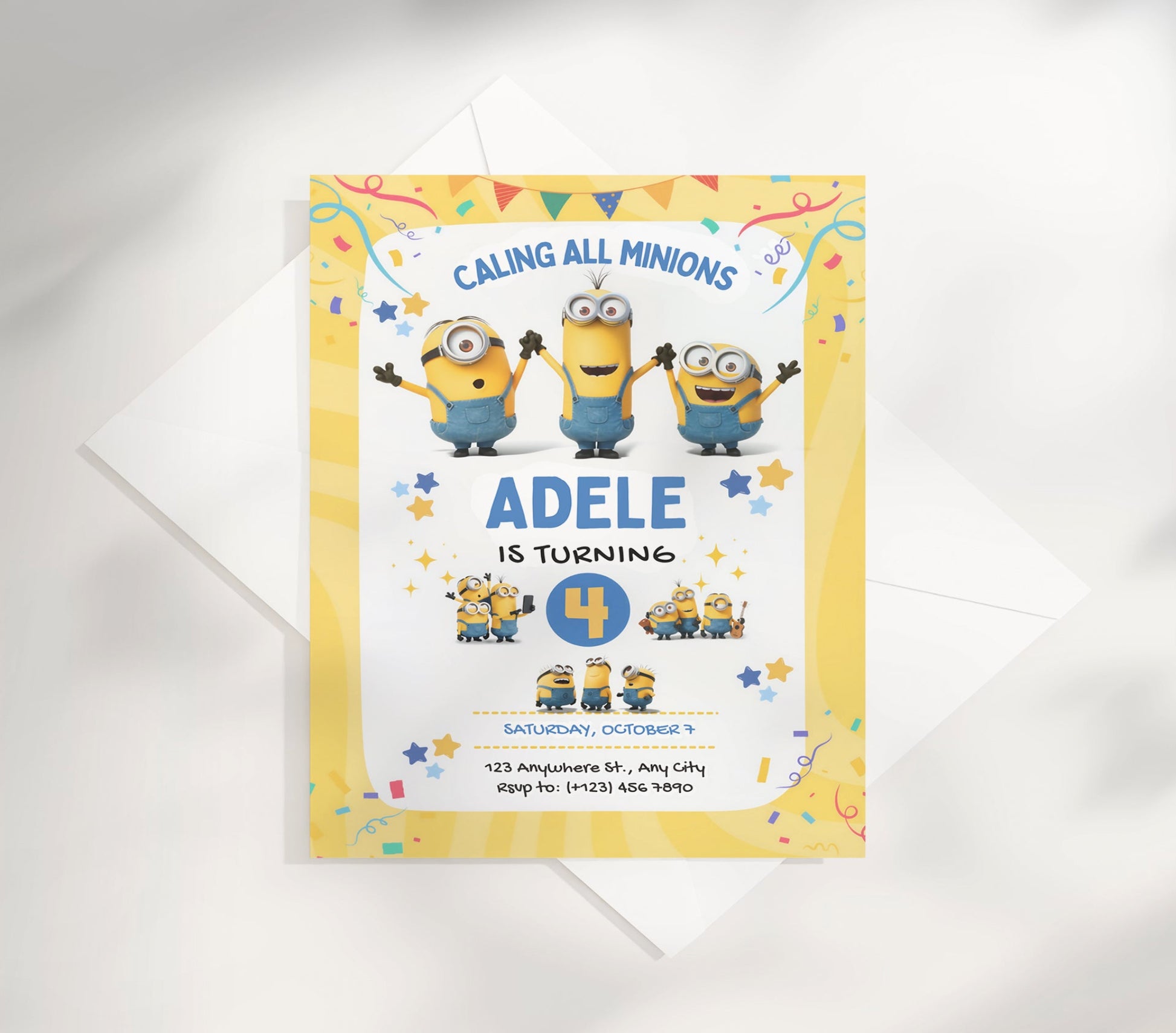 Throw the ultimate Minions-themed celebration with our customizable birthday invitation! Perfect for fans of these lovable yellow characters, this editable template lets you personalize all the party details in minutes. Simply download, edit, and print or share digitally—making party planning as fun as saying "Banana!" Guaranteed to excite guests and set the tone for an unforgettable Minion adventure.
