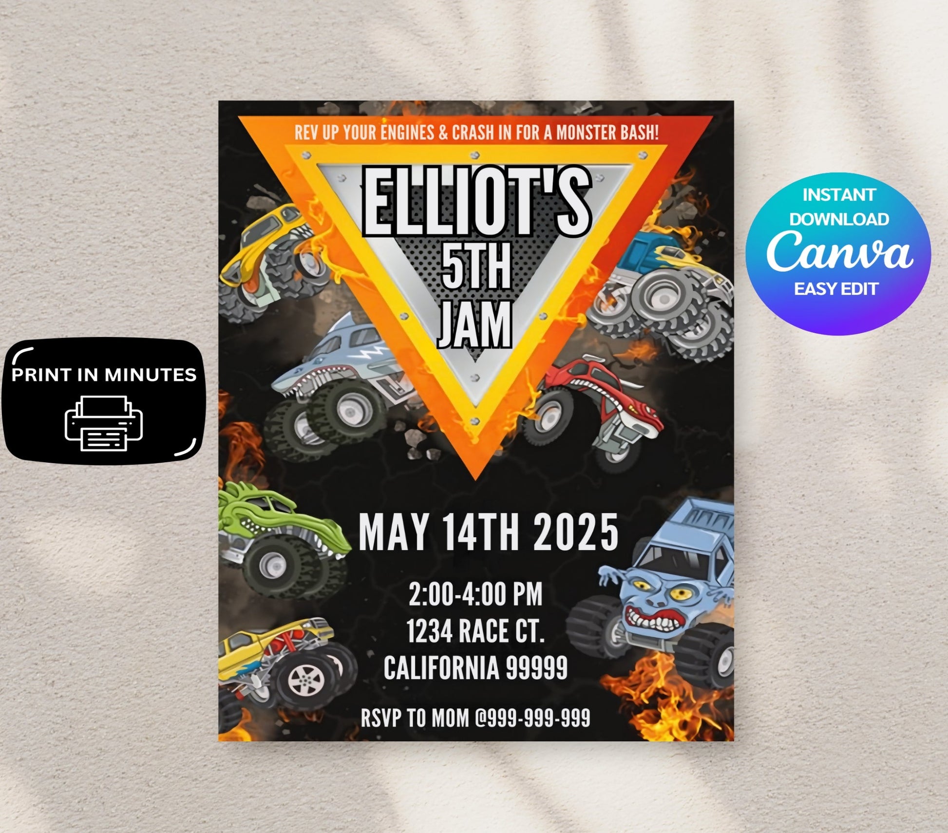 Monster truck birthday invitation featuring a bold Monster Jam-inspired design perfect for boys who love big trucks and high-energy fun personalize this monster truck party invite for an unforgettable celebration ideal for a Monster Jam-themed boys' birthday party with dynamic graphics and rugged style this editable invitation is easy to customize and print making party planning a breeze thrill your guests with an action-packed monster truck event they won’t forget