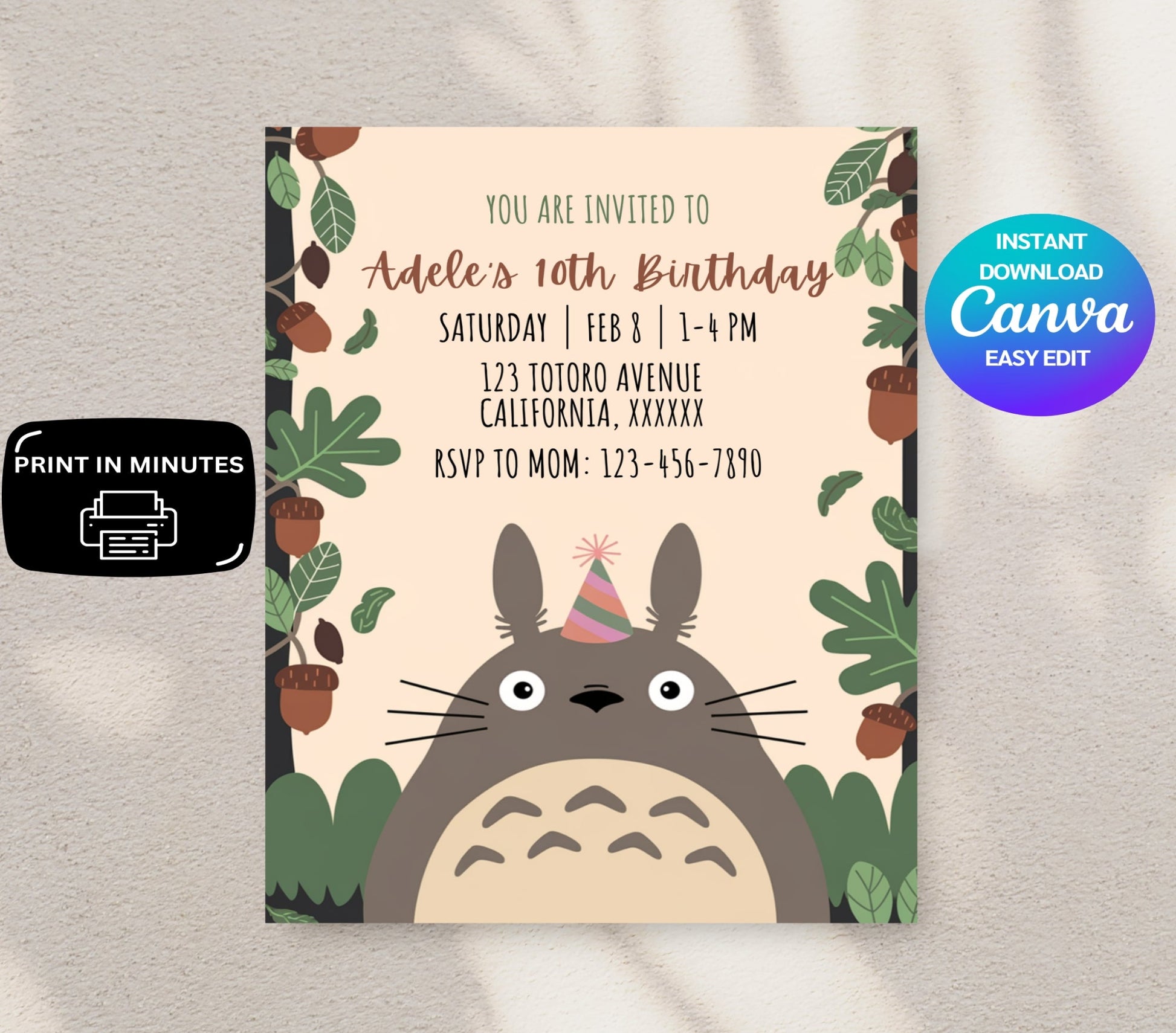 my neighbor totoro birthday invitation featuring totoro catbus and mei in a whimsical ghibli inspired forest setting with soft pastel colors and dreamy lighting large open space in the center for personalized party details playful and magical atmosphere designed for a miyazaki themed celebration editable canva template high quality printable artwork perfect for kids and fans of studio ghibli charming and nostalgic invitation capturing the enchanting world of my neighbor totoro