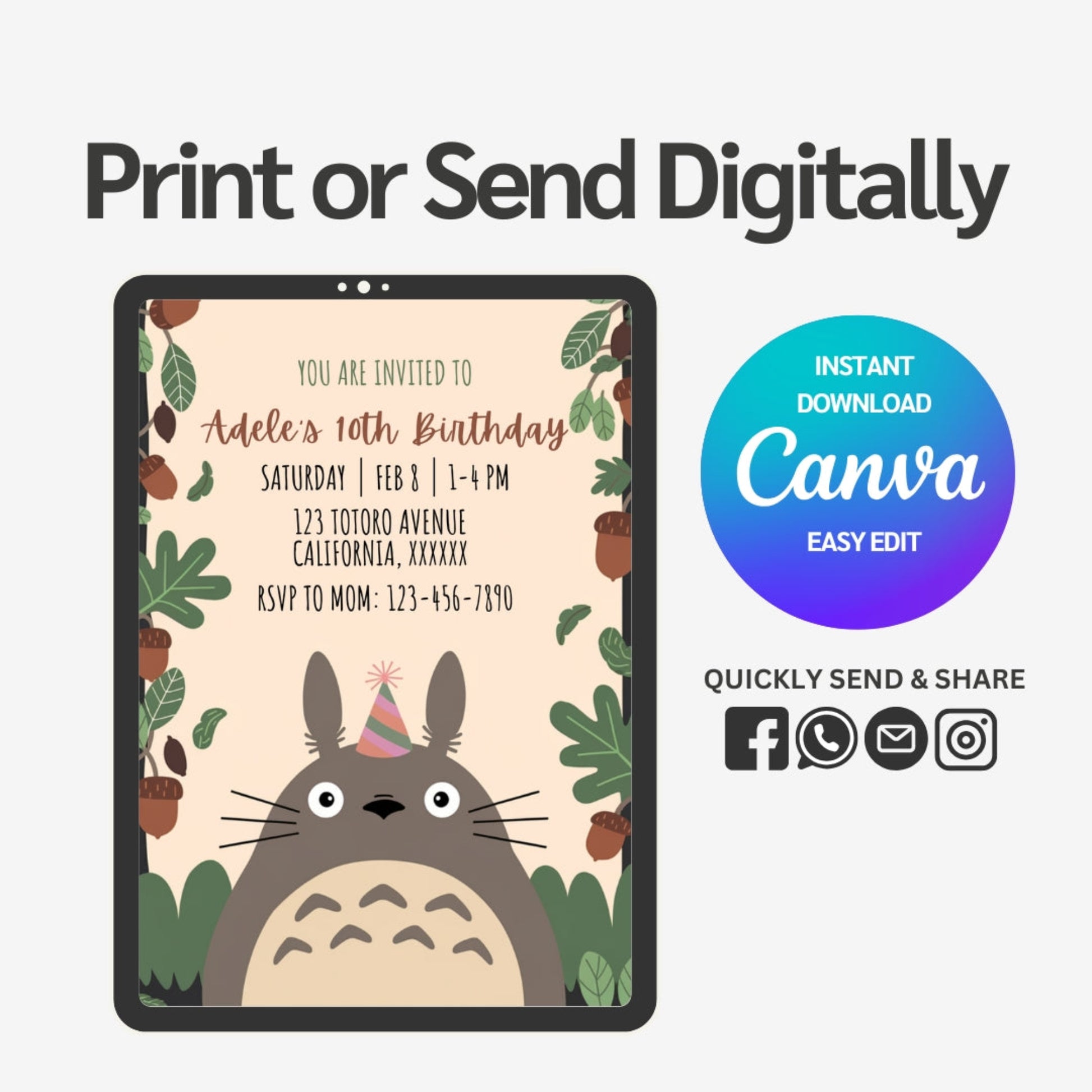 my neighbor totoro birthday invitation featuring totoro catbus and mei in a whimsical ghibli inspired forest setting with soft pastel colors and dreamy lighting large open space in the center for personalized party details playful and magical atmosphere designed for a miyazaki themed celebration editable canva template high quality printable artwork perfect for kids and fans of studio ghibli charming and nostalgic invitation capturing the enchanting world of my neighbor totoro