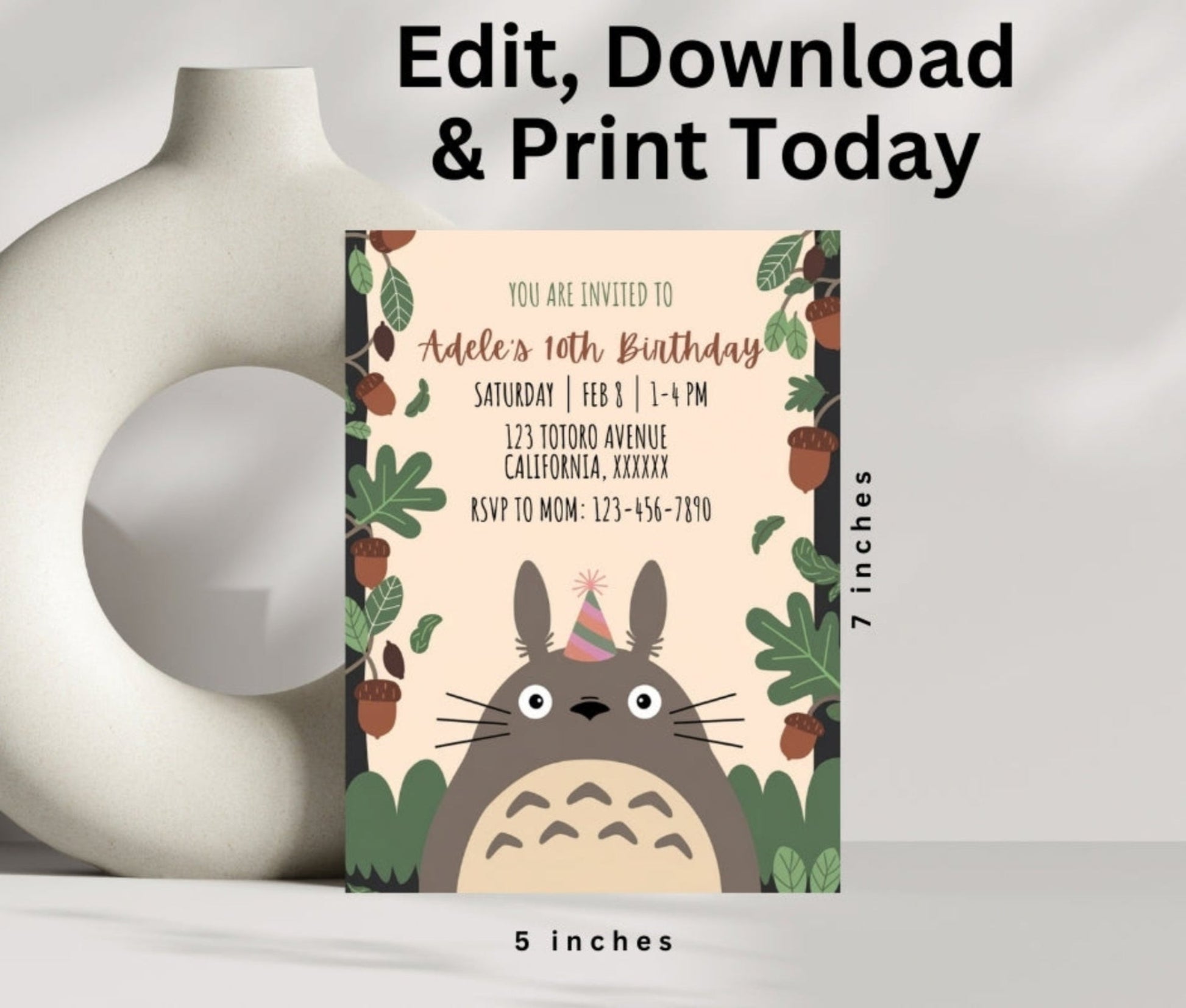my neighbor totoro birthday invitation featuring totoro catbus and mei in a whimsical ghibli inspired forest setting with soft pastel colors and dreamy lighting large open space in the center for personalized party details playful and magical atmosphere designed for a miyazaki themed celebration editable canva template high quality printable artwork perfect for kids and fans of studio ghibli charming and nostalgic invitation capturing the enchanting world of my neighbor totoro