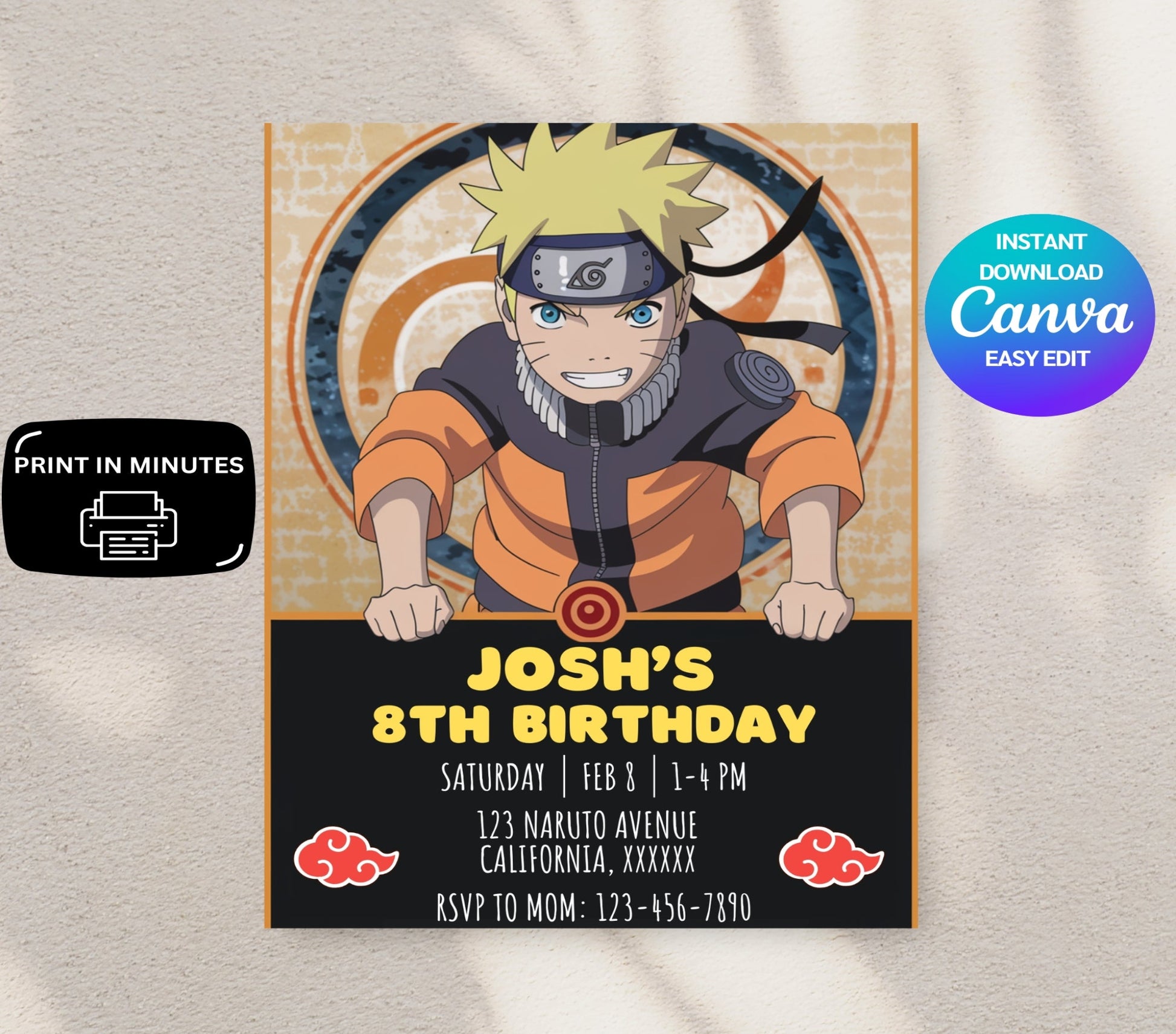 naruto anime birthday invitation featuring naruto uzumaki in dynamic action pose with subtle akatsuki cloud accents and a vibrant ninja village background large open space in the center for personalized party details perfect for fans of naruto and boruto editable canva template high quality printable artwork captures the energy and excitement of the anime ideal for a fun and adventurous birthday celebration stylish and modern design for any anime lover