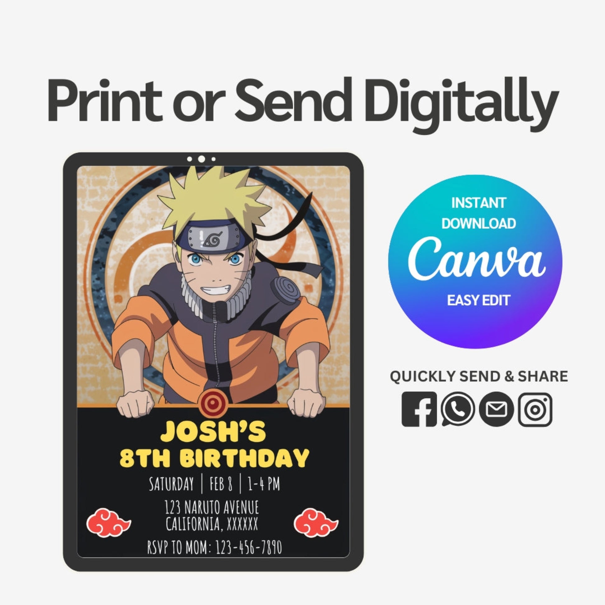 naruto anime birthday invitation featuring naruto uzumaki in dynamic action pose with subtle akatsuki cloud accents and a vibrant ninja village background large open space in the center for personalized party details perfect for fans of naruto and boruto editable canva template high quality printable artwork captures the energy and excitement of the anime ideal for a fun and adventurous birthday celebration stylish and modern design for any anime lover