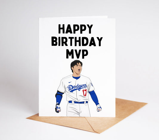 Celebrate your favorite baseball player's birthday with our Shohei Ohtani MLB Birthday Card! Featuring a stunning design and high-quality materials, this card is perfect for any fan. Show your love and appreciation for Shohei Ohtani by giving them this special card.