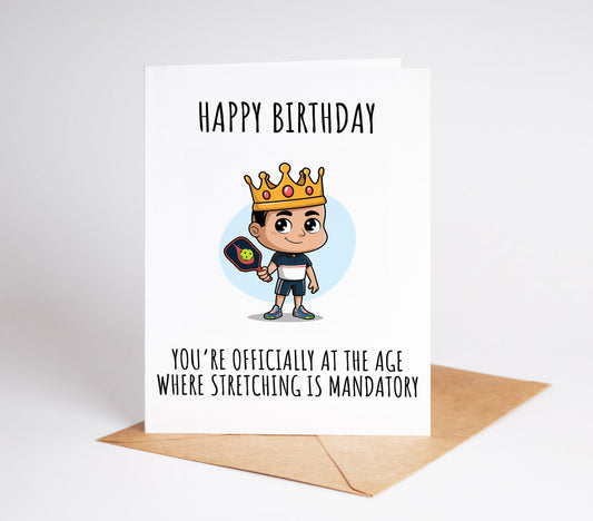 This funny pickleball birthday card is perfect for any pickleball-loving dad grandpa or friend Featuring a playful design it’s an ideal gift for a pickleball boy or paddle sports enthusiast Whether they enjoy wiffleball or competitive matches this card will make them smile Celebrate their special day with a unique and humorous digital download that captures their love for the game Perfect for any pickleball player this card is a winning choice