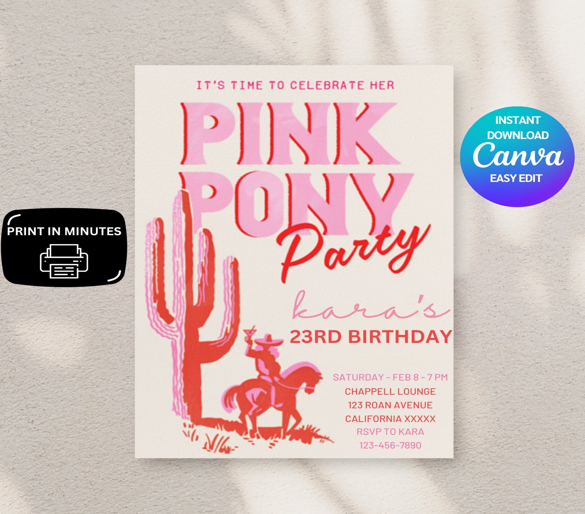 Pink Pony Club birthday invitation template for a stylish rodeo cowgirl celebration! Featuring Chappell Pink aesthetics, this editable invite is perfect for a fun and trendy Pink Pony Club birthday party. Ideal for girls who love horses, cowgirl themes, and all things pink, this invitation sets the tone for a memorable event. Easily customizable and available as a digital download, it's a must-have for a fashionable and unique birthday celebration